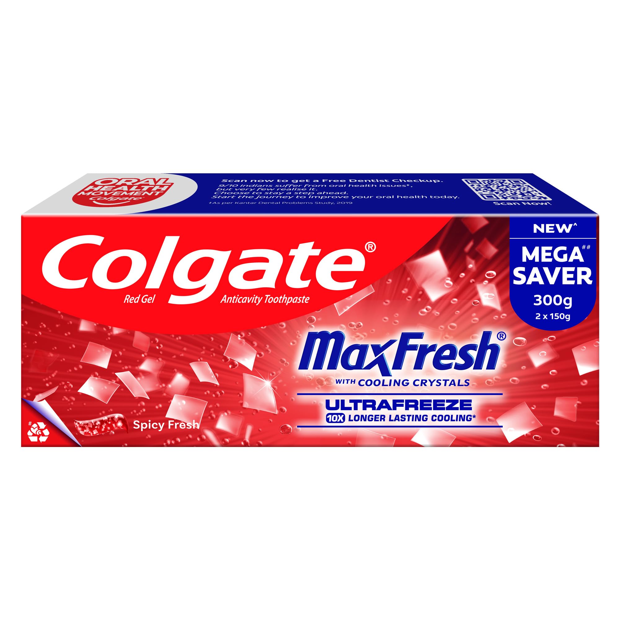 Colgate Max Fresh Toothpaste, Red Gel Paste with Menthol For Tooth Decay Prevention, Cavity Protection, Gum Protection, Whitening, Eliminates Bad Breath (300g, 150g X 2, Spicy Fresh, Saver Pack)