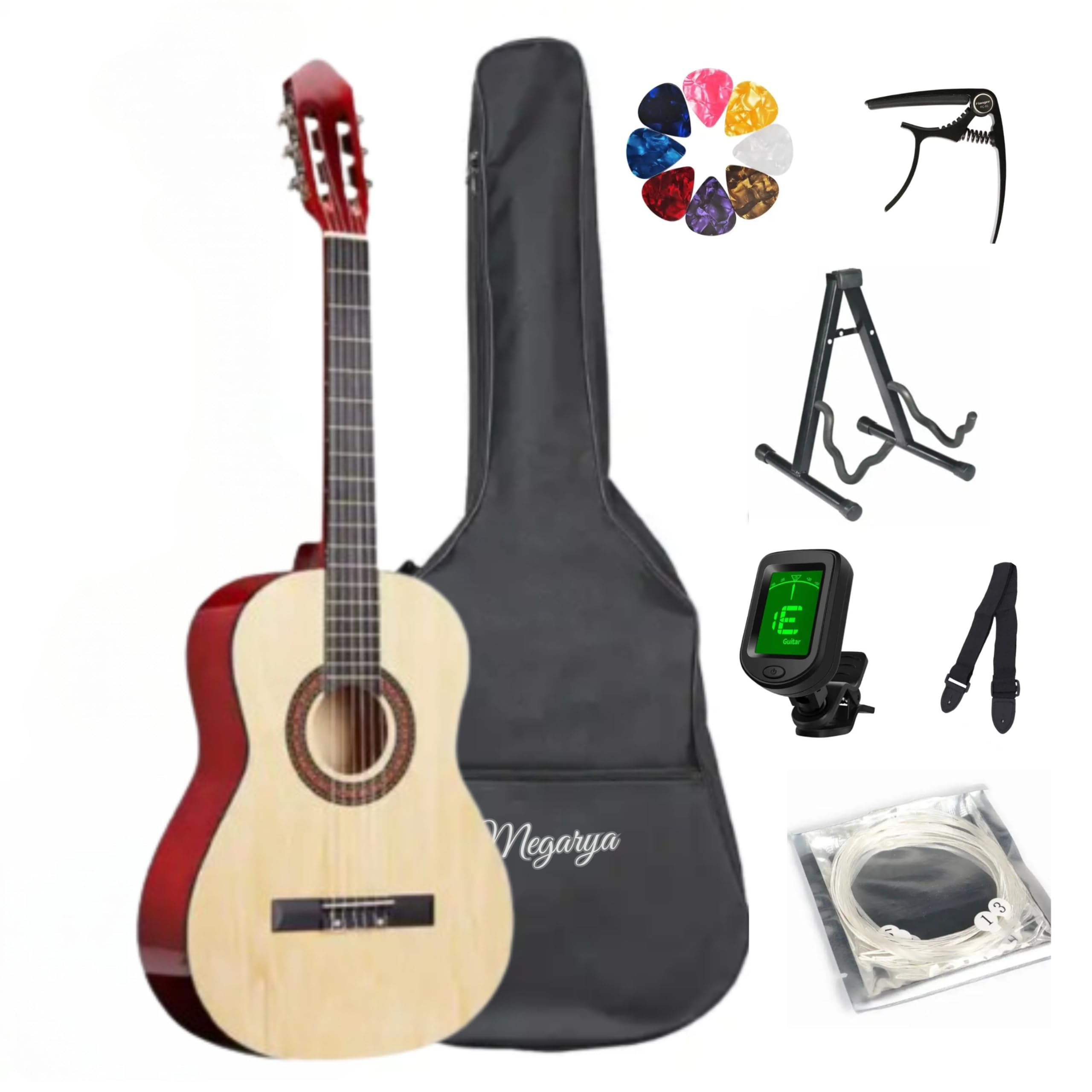 38” Classical Guitar with Nylon Strings Guitar with Truss Rod for Beginner Professional Acoustic with Bag, Strap, Capo, Picks, Strings, Tuner, A Frame (Natural)
