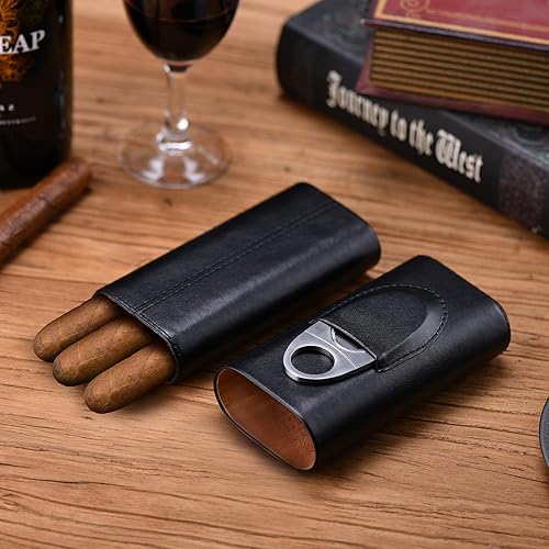 Miniatura 6 de Estuche para cigarrillos con forro de madera de cedro, estuche de viaje para puros, cortador de cigarrillos, caja humidora (negro)