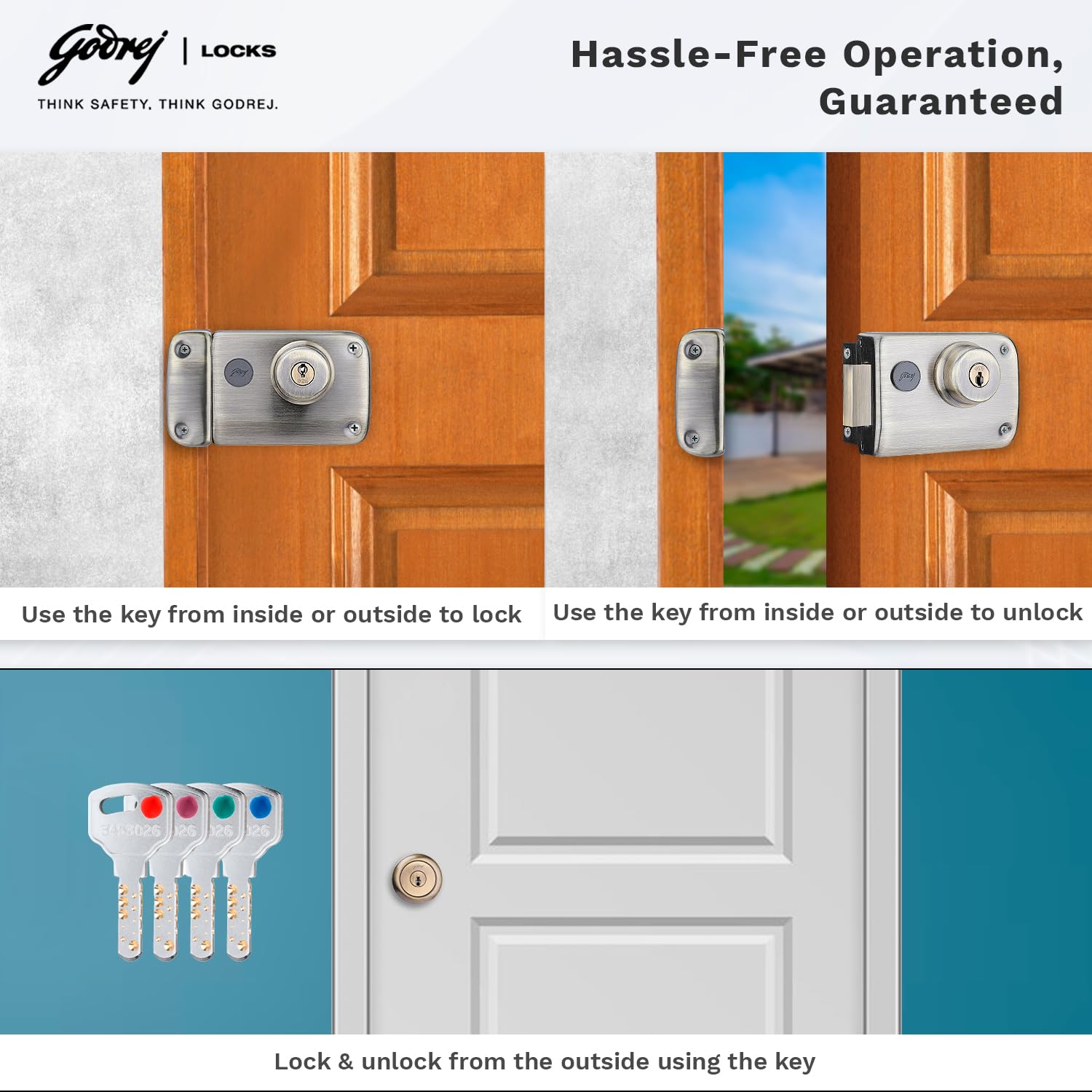 Godrej Rim Lock I Rim Deadbolt Ultra XL+ I 2C Deadbolt I for Inside Opening Wooden Main Door | Left/Right Handed Doors I 4 Keys I 5-Year Warranty I Manual Locking I Antique Brass Finish — Amazon image 6