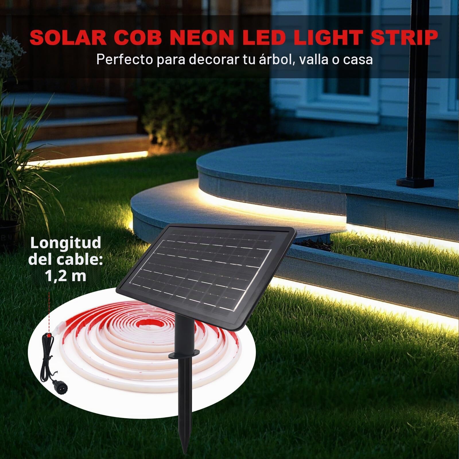 24V Solar COB Neón Tira, 8 Modos al aire libre IP68 cadena de luces autoadhesivas, Tira de luz solar Cuttable 5cm, 320LEDs/m Super brillante COB Neon LED tira para Garten (Blanco Natural，10m)