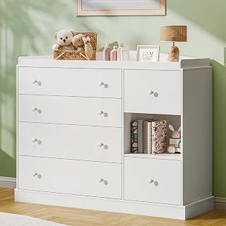 Cómoda para niños con 6 cajones, cambiador para guardería con estante, cómoda multifuncional, muebles de dormitorio para niños, mesita de noche para habitación infantil, color blanco
