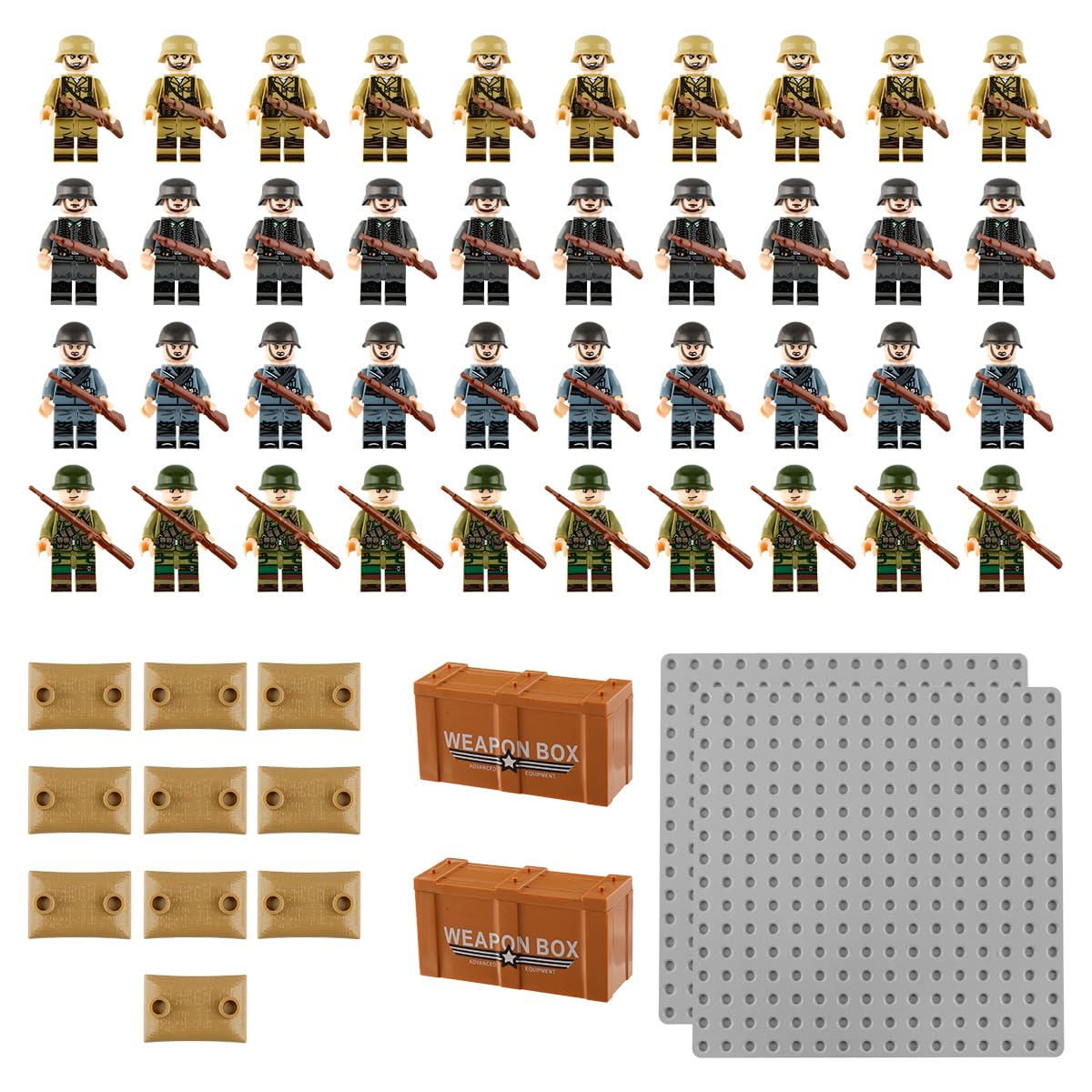 Lotsdonxia WWII Military Minifigure Building Blocks Set, Army Soldier Figures with Weapons & Sandbags for Historical Battle Reenactment, Strategy War Game Display Collection Hobbyists