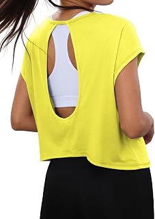 Totatuit Womens Open Back Workout Tops Crop Loose Fit Short Sleeve Tshirts