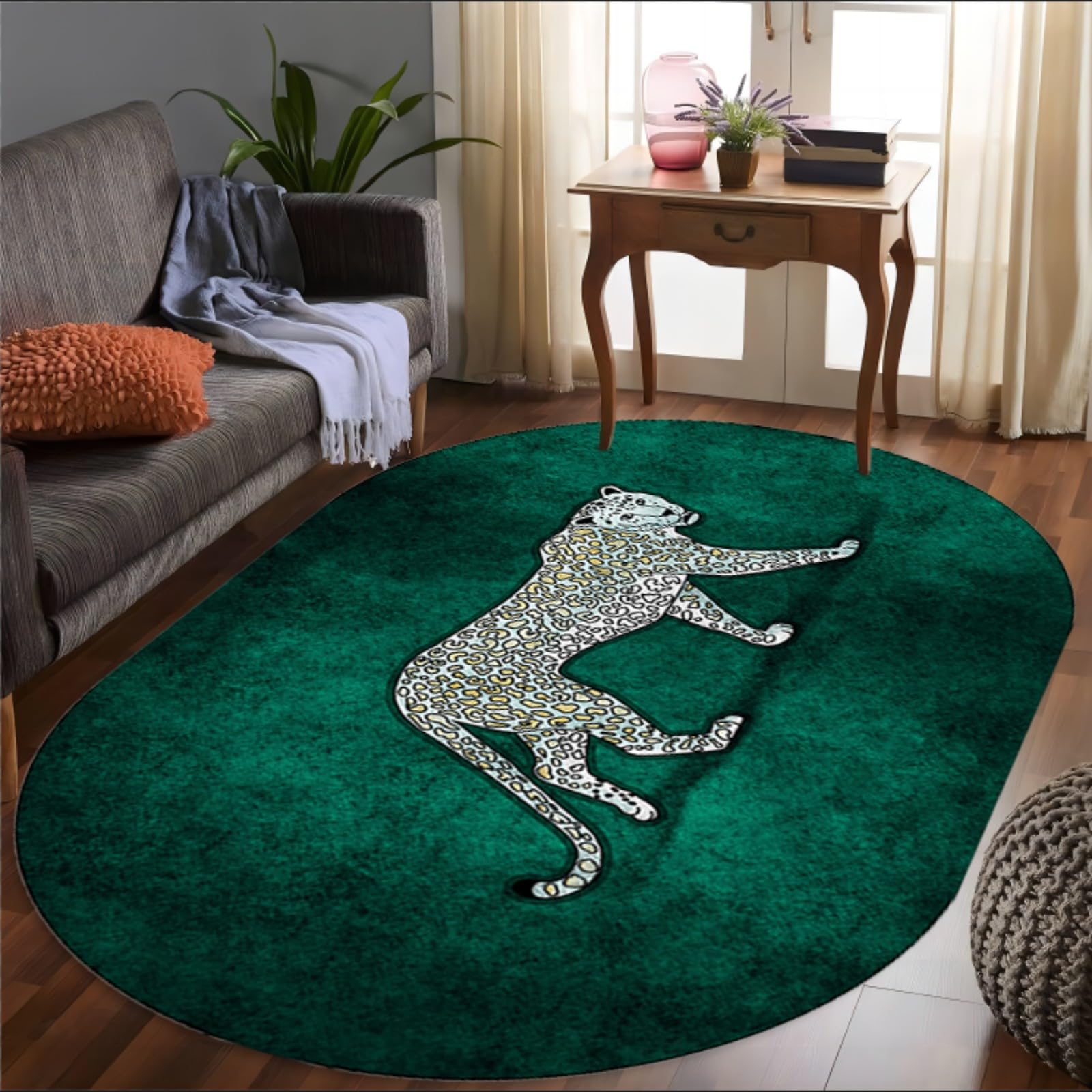 WAOTMN 160x200cm,Oval Green Rug for Bedroom Living Room, Leopard Print Rug,Non-Slip Soft Washable Carpet,Non-Shedding Animal Print Bedside Indoor Area Rugs for Home Decor Aesthetic