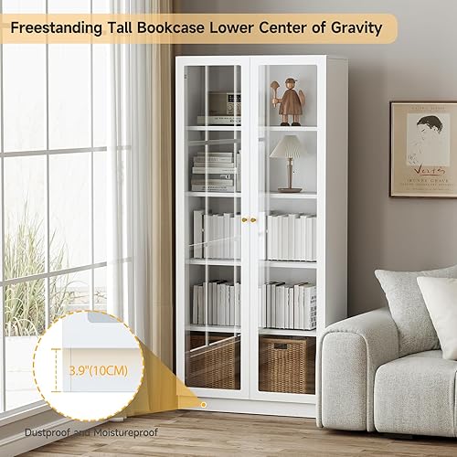 Vista 5 de IRONMIX Estantería moderna con puertas y estantes, estantería de metal de 70.87 pulgadas de alto, estantería alta, gabinete vitrina de 5 niveles