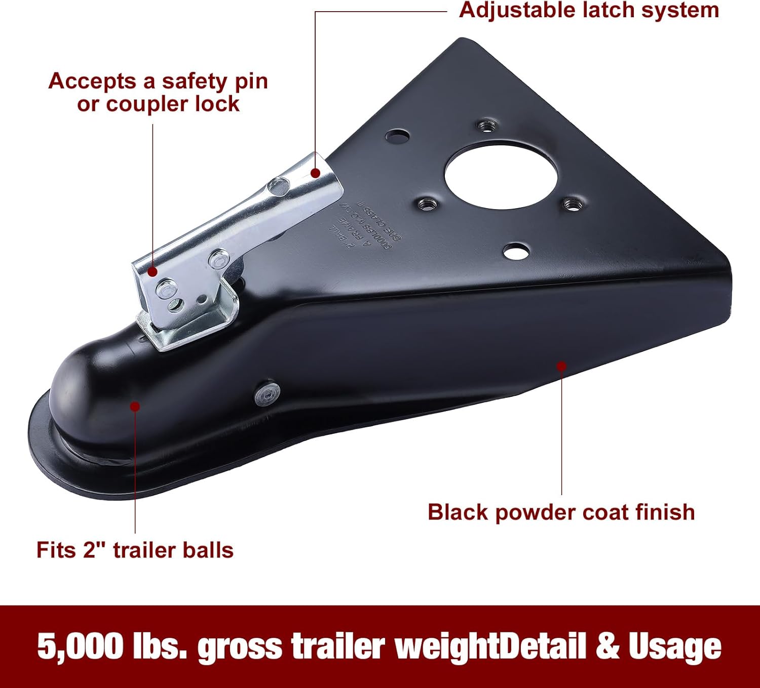 NovelBee 2" A-Frame Trailer Coupler,Black A-Frame Coupler Fit for 2 Inch Ball Hitch,5000LBS Capacity