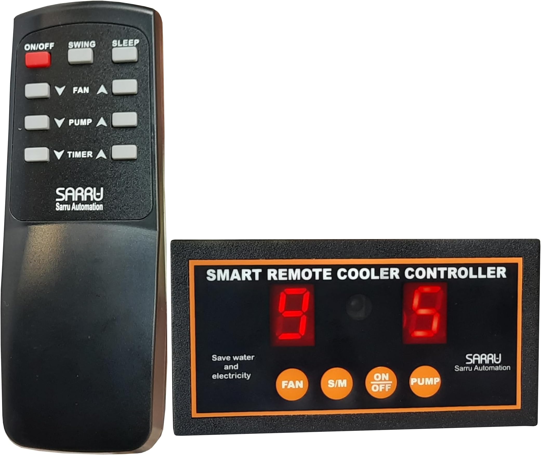 Sarru CC71 Air Cooler Remote Controller for 10 Steps Fan Motor Speed Regulation Max 300W, 6 Steps Water Pump Motor Settings, Swing Fan Motor ON/OFF, Sleep Mode, System ON/OFF Timer and Dual Display.
