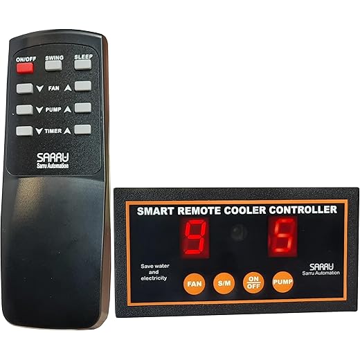Sarru CC71 Air Cooler Remote Controller for 10 Steps Fan Motor Speed Regulation Max 300W, 6 Steps Water Pump Motor Settings, Swing Fan Motor ON/OFF, Sleep Mode, System ON/OFF Timer and Dual Display.