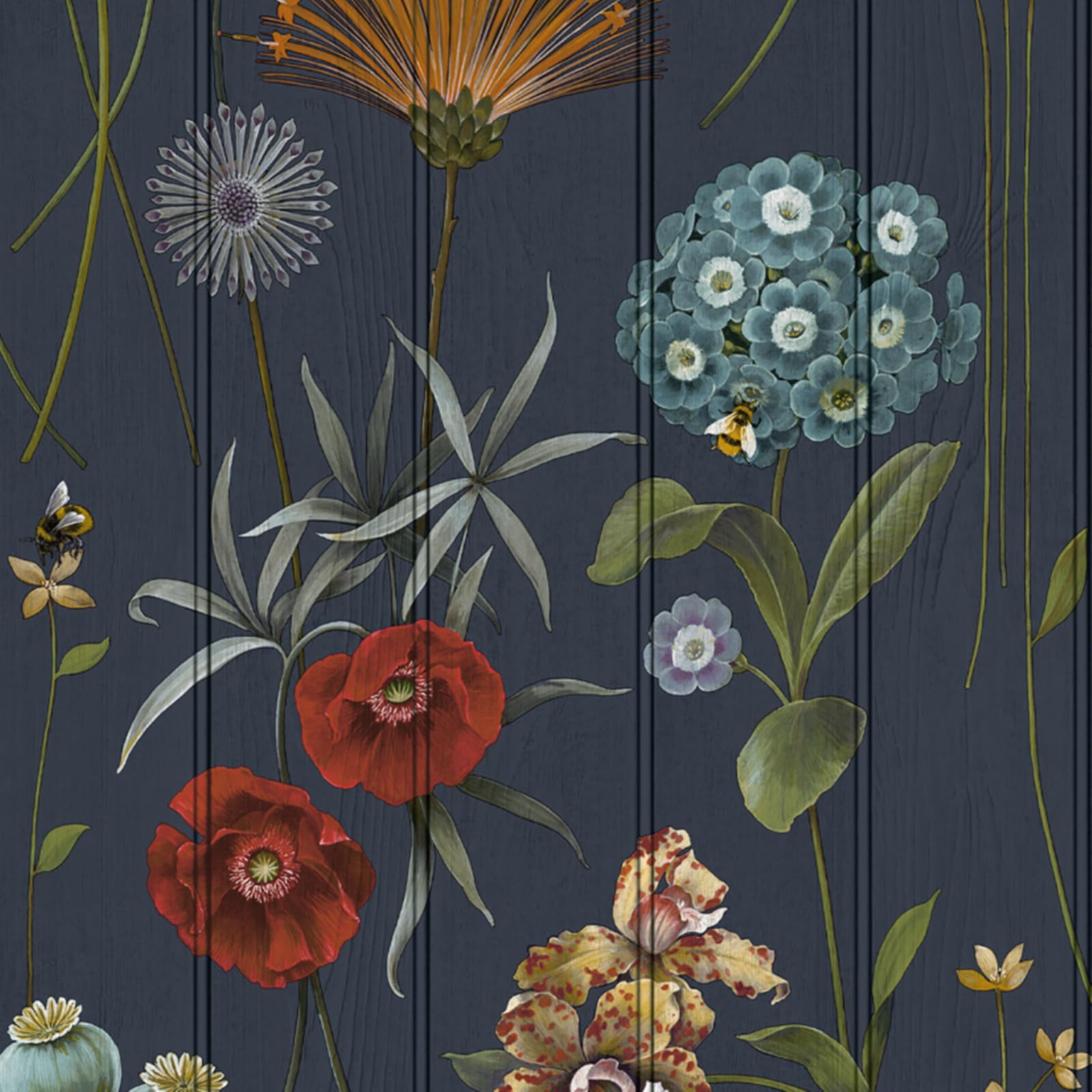 Sophie Laurence Dark Blue Multi Dark Blue Floral Wallpaper Beaded Wood Panel Effect Bee's Smooth Finish Lounge Feature