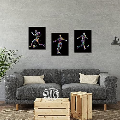 Miniatura 3 de VANSEEING Lienzo deportivo de 3 piezas para la pared de la habitación de los niños, balón de fútbol, silueta de partículas, póster, impresión