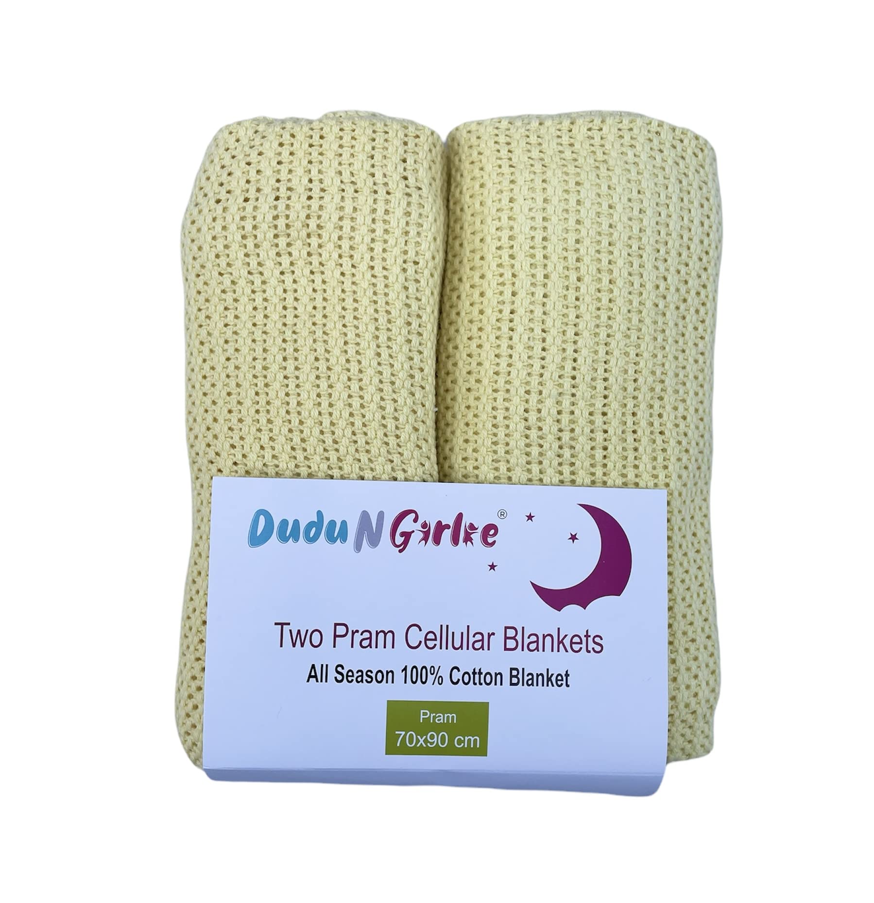 DUDU N GIRLIE Baby Blanket - Twin Pack - 100% Pure Natural Cotton - Extra Soft Cellular Baby Blankets - Pram/Travel/Moses Basket 70x90cm- Yellow.