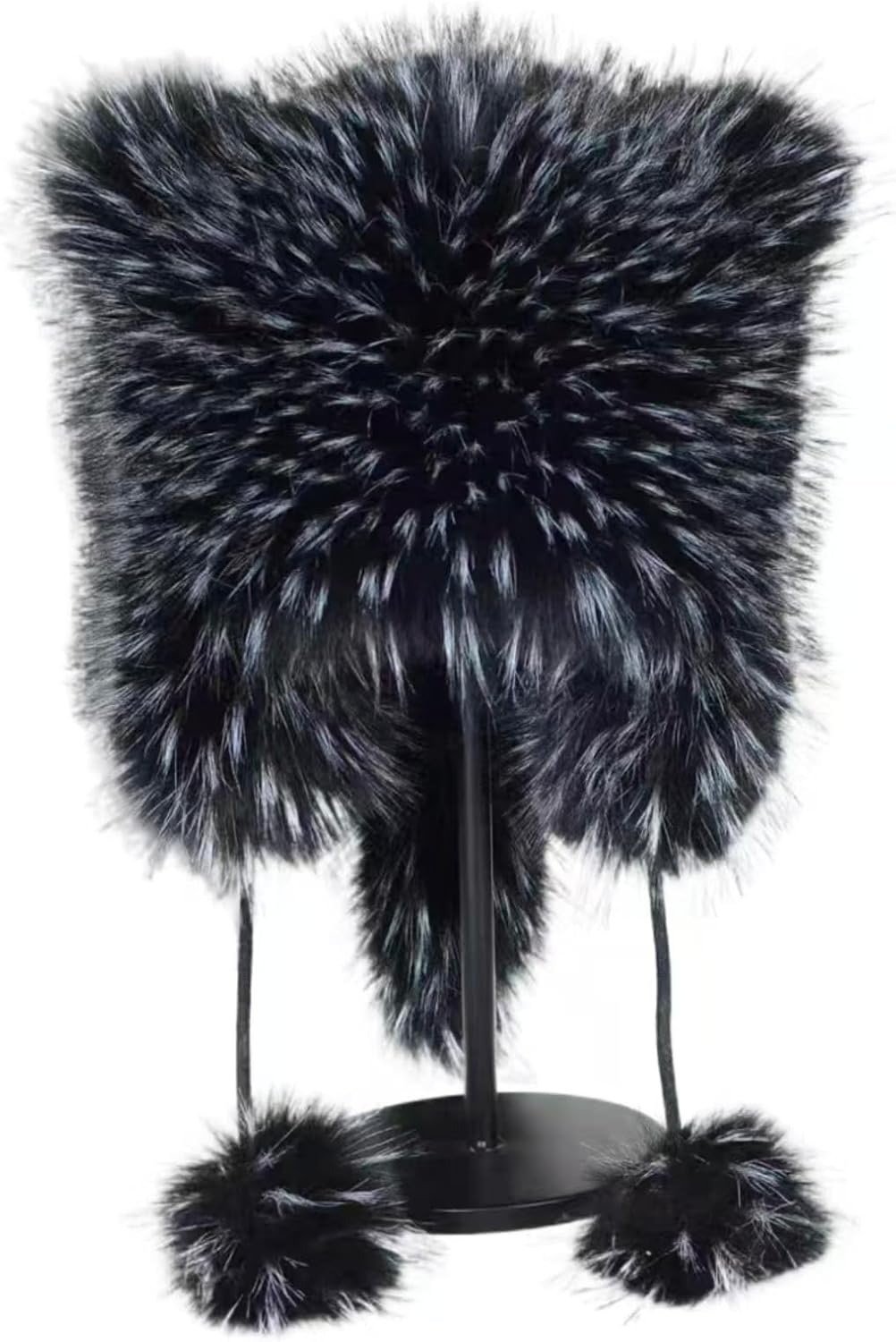 Luxury Faux Fur Winter Trapper Hat with Pom Poms, Gray, Warm Ear Flaps