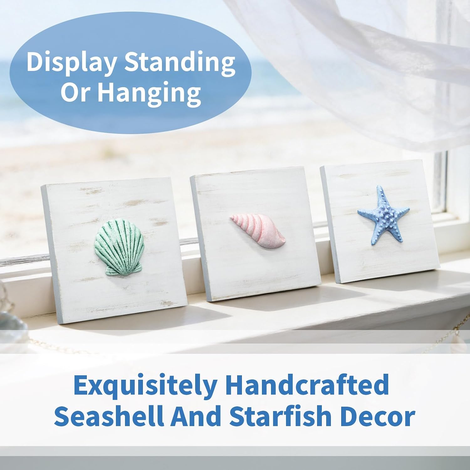 JUMBO DECOR 3D Beach Wall Art, Set of 3 (8" x 8") - Seashell and Starfish Decorations for Home or Beach House, Rustic Ocean Theme Coastal Bedroom or Bathroom Living Room Wall Decor image 5