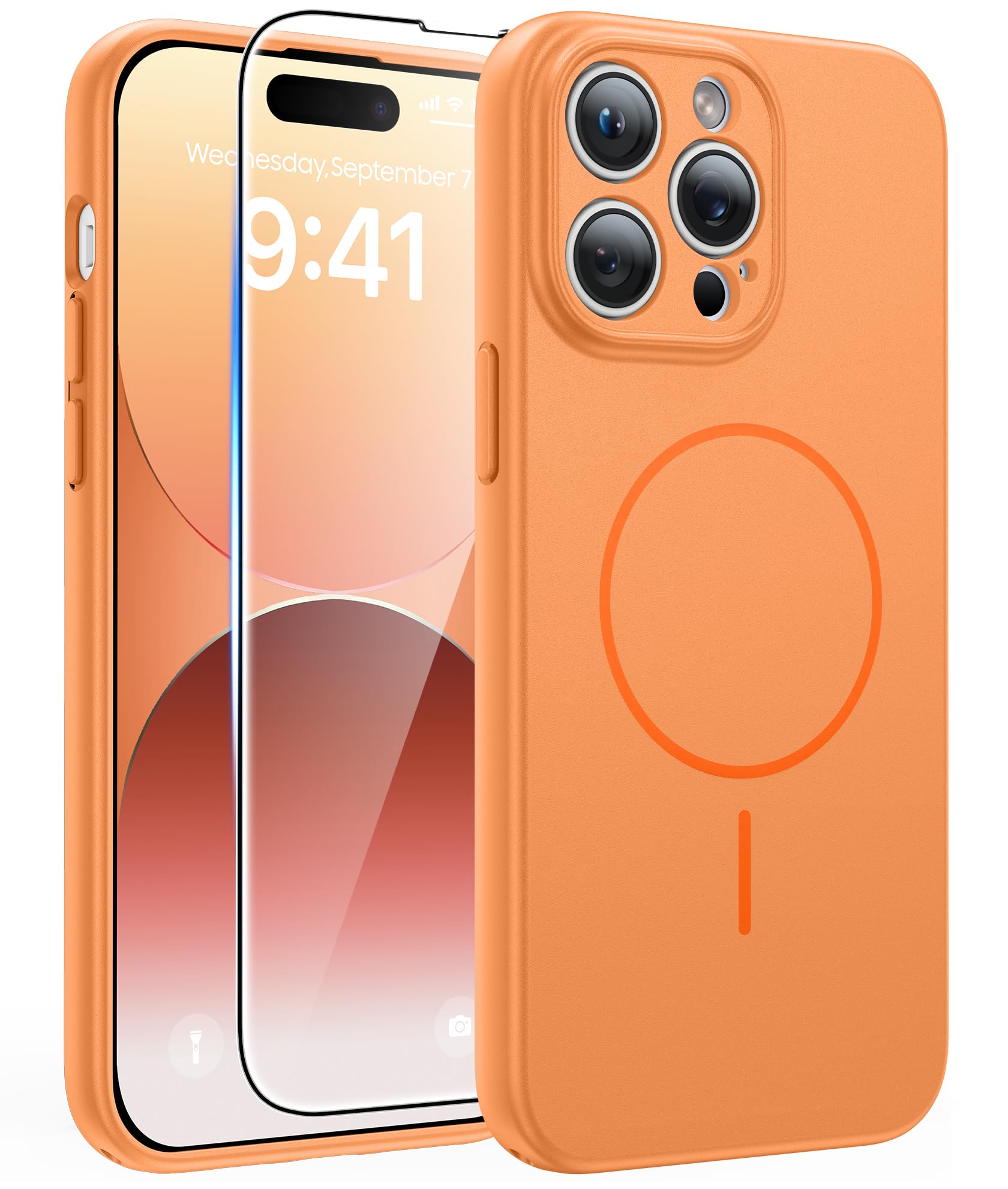 FNTCASE for iPhone 14 Pro Max Case Orange: Compatible with MagSafe | With Screen Protector, Translucent Magnetic Full Camera Protection, 14FT Military Grade Drop Tested, Matte Shockproof Cover