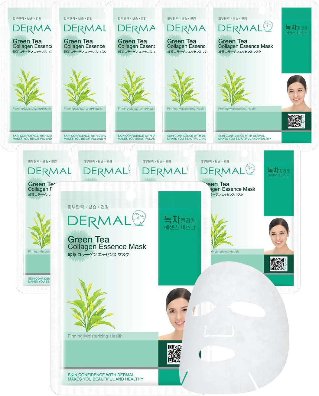 DERMAL Green Tea Collagen Essence Facial Mask Sheet 23g Pack of 10