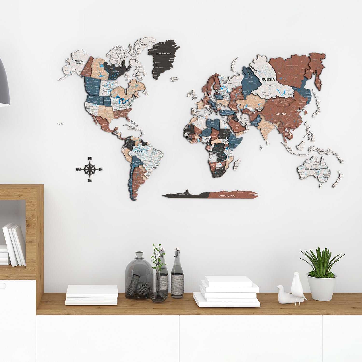 Giallobus - Mapa del mundo 3D - Mapa mundial 3D - Madera MDF - 120.5L x 70.5l cm - 06 - Multicolor wood OVERLAY - Decoración de Pared - Madera MDF Multinivel - Salón Oficina