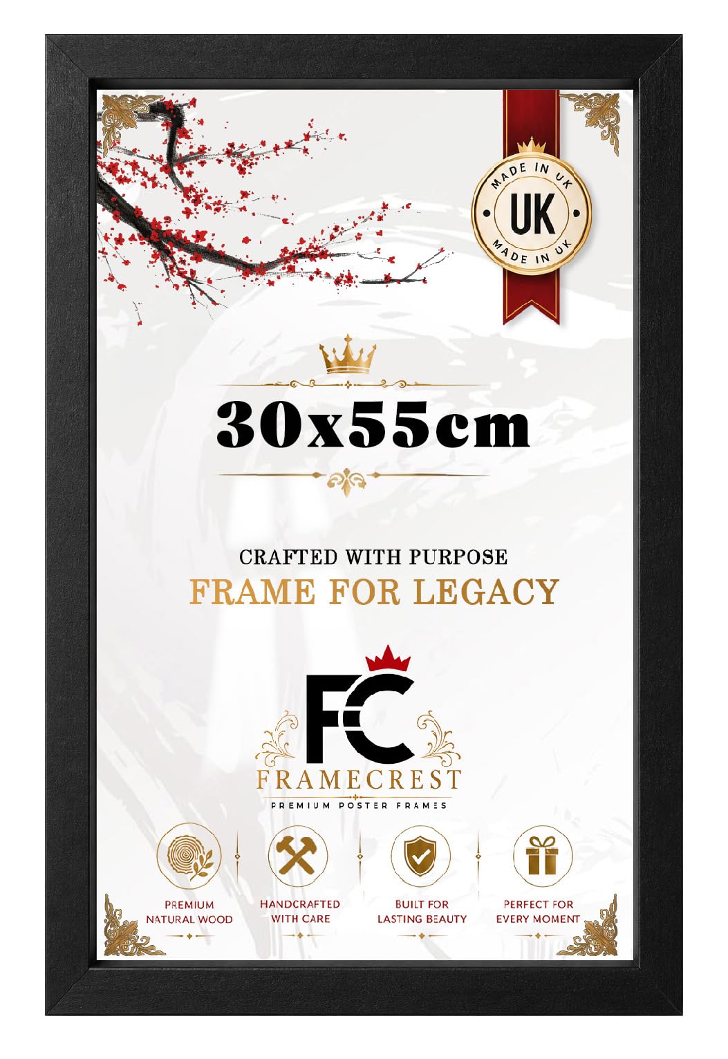 FRAMECREST Elegant 30x55cm Poster Frame | MDF Frame, Metal Clips on Back | Wall Mount Frame for Prints with Real HD Perspex, Great for Photos, Posters, Puzzle-[Matt Black]