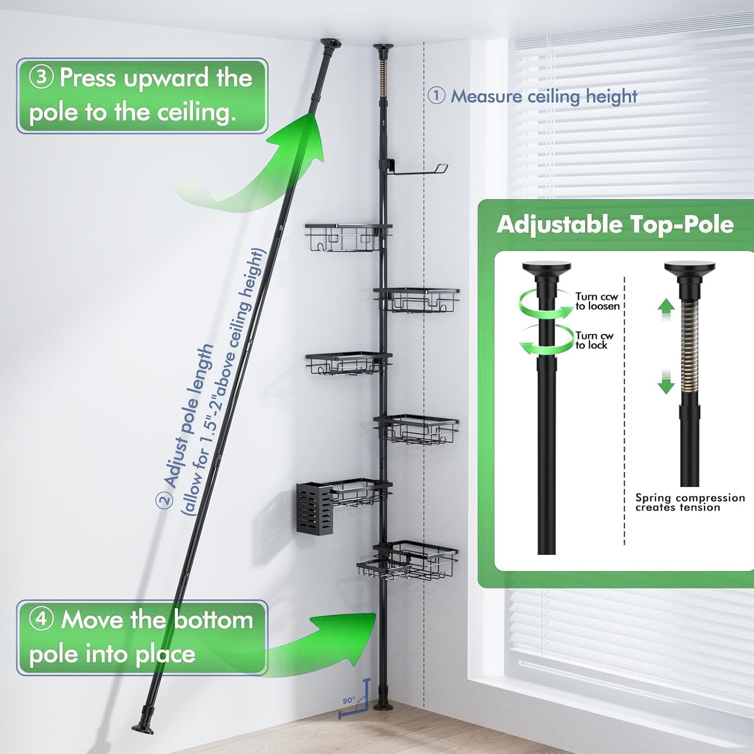 Shower Caddy Corner Organizer Tension Pole Adjustable 30-120 Inches Corner Shelf with Towel Rack, Toothbrush Holder, Soap Dish for Bathroom Organizers and Storage