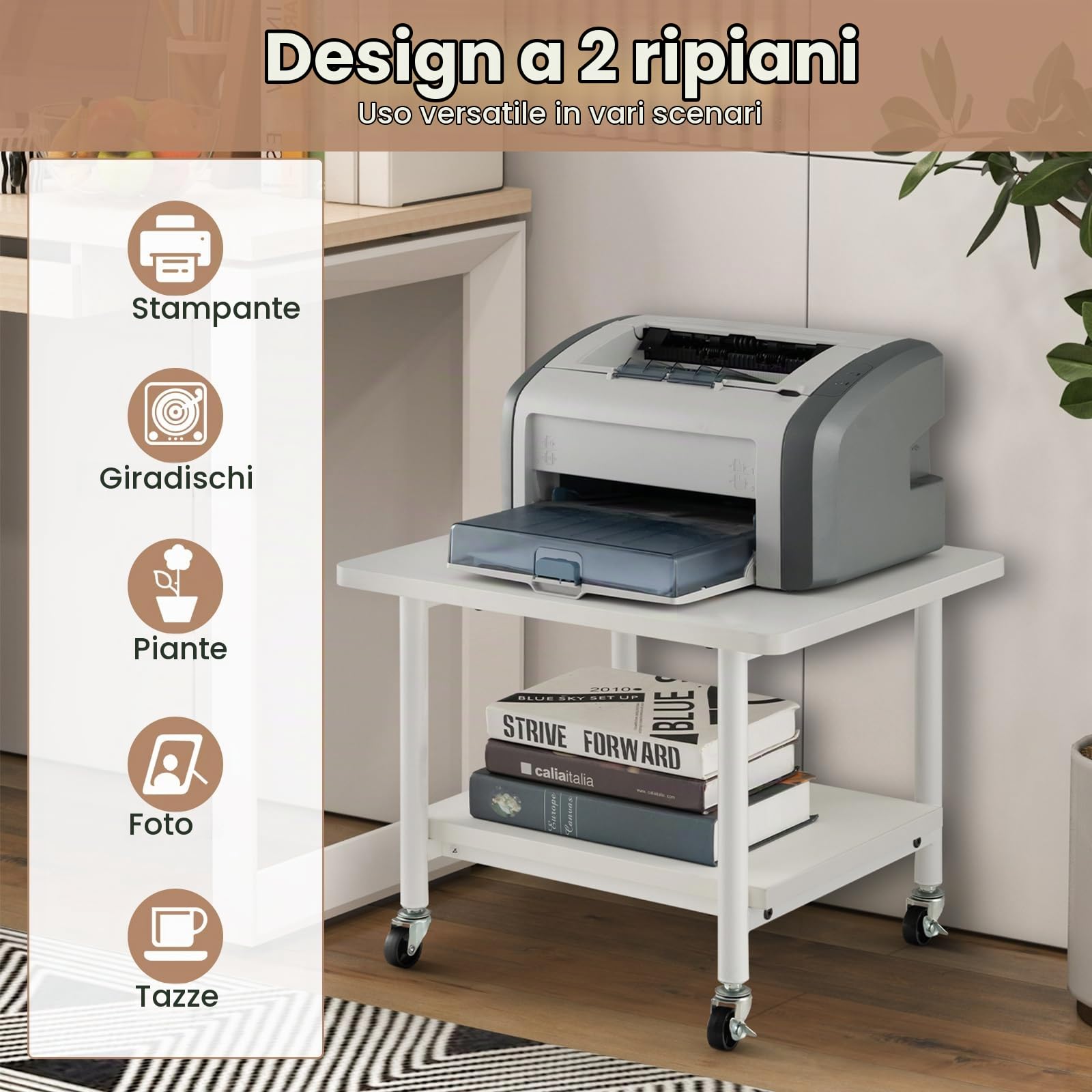 HOMASIS Supporto per Stampante da Ufficio a 2 Ripiani, Mobile Stampante con 4 Ruote con Freni, Carrello Organizzatore per Camera, Soggiorno, Ufficio (Bianco)