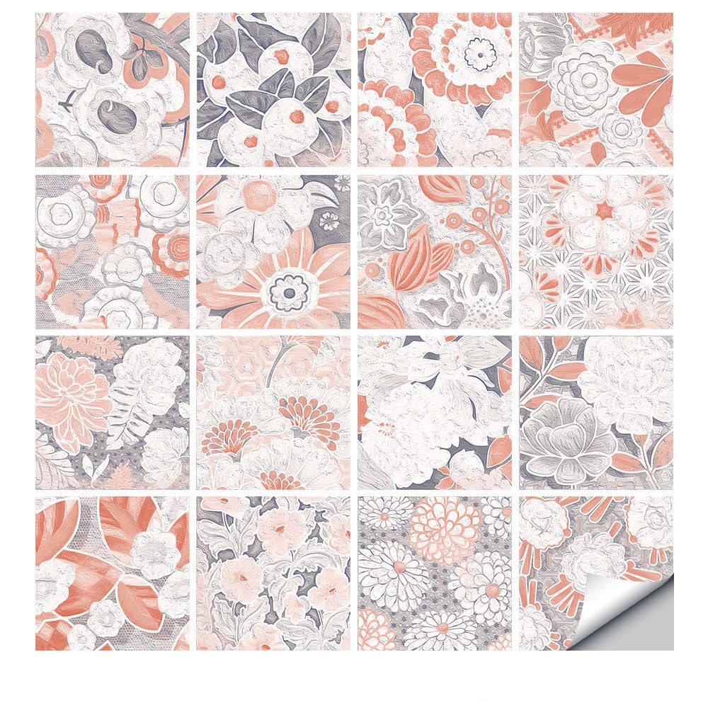 LMYSXAOZ 16 PCS Tile Stickers Stick on Tiles, Self Adhesive Wall Tiles for Bathroom Kitchen, Oil Proof DIY Peel and Floor Flower Brick (30x30cm,Pink Flower)