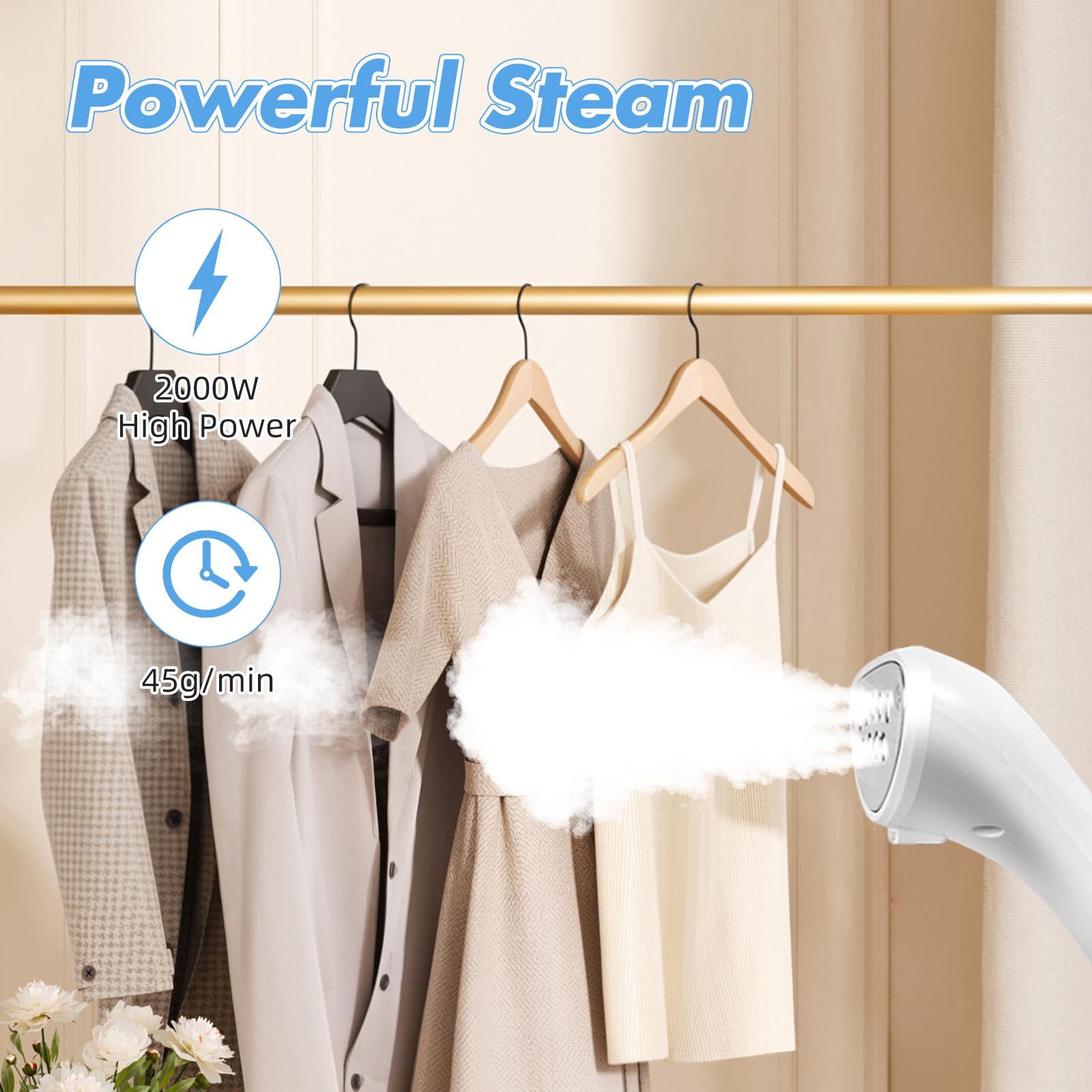 Defroisseur Vertical,Steamer Defroisseur,2000 W 45g/min,Réservoir D'eau de 2.5 Litres,Réglable en Hauteur, Elimine Les plis et Fonctionne sur Tous Les Tissus