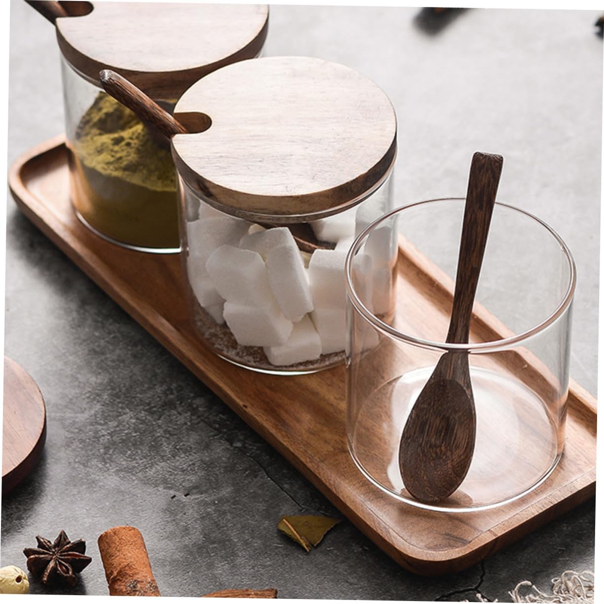 TOYANDONA Glas Gewürzbehälter Holzdeckel und Löffel Küchen Organizer Tablett Luftdicht Platzsparend Gesundes Material für Gewürze Granulate und Flüssigkeiten