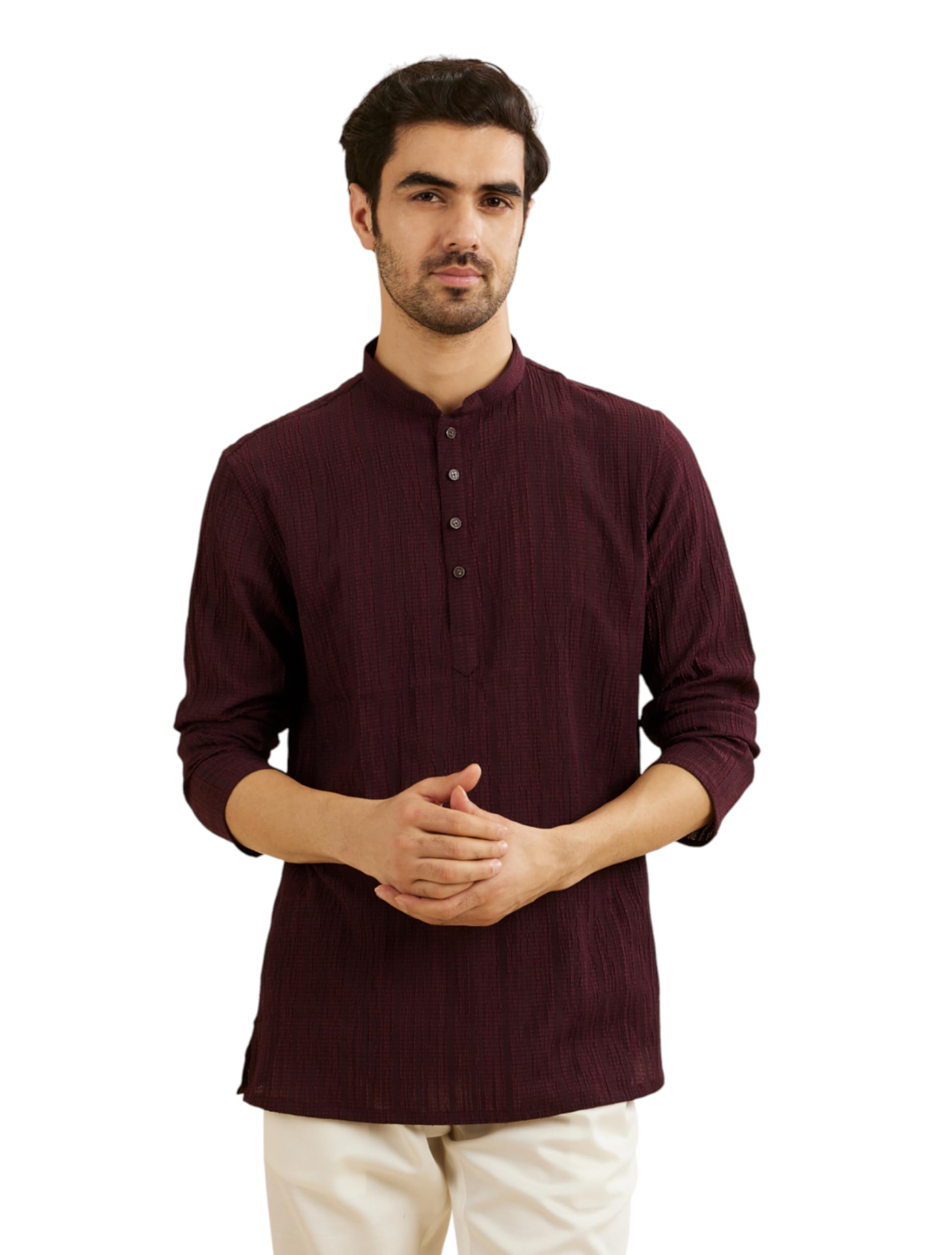 manyavar Men's Spandex Textured Short Kurta (1pc)-picture-35