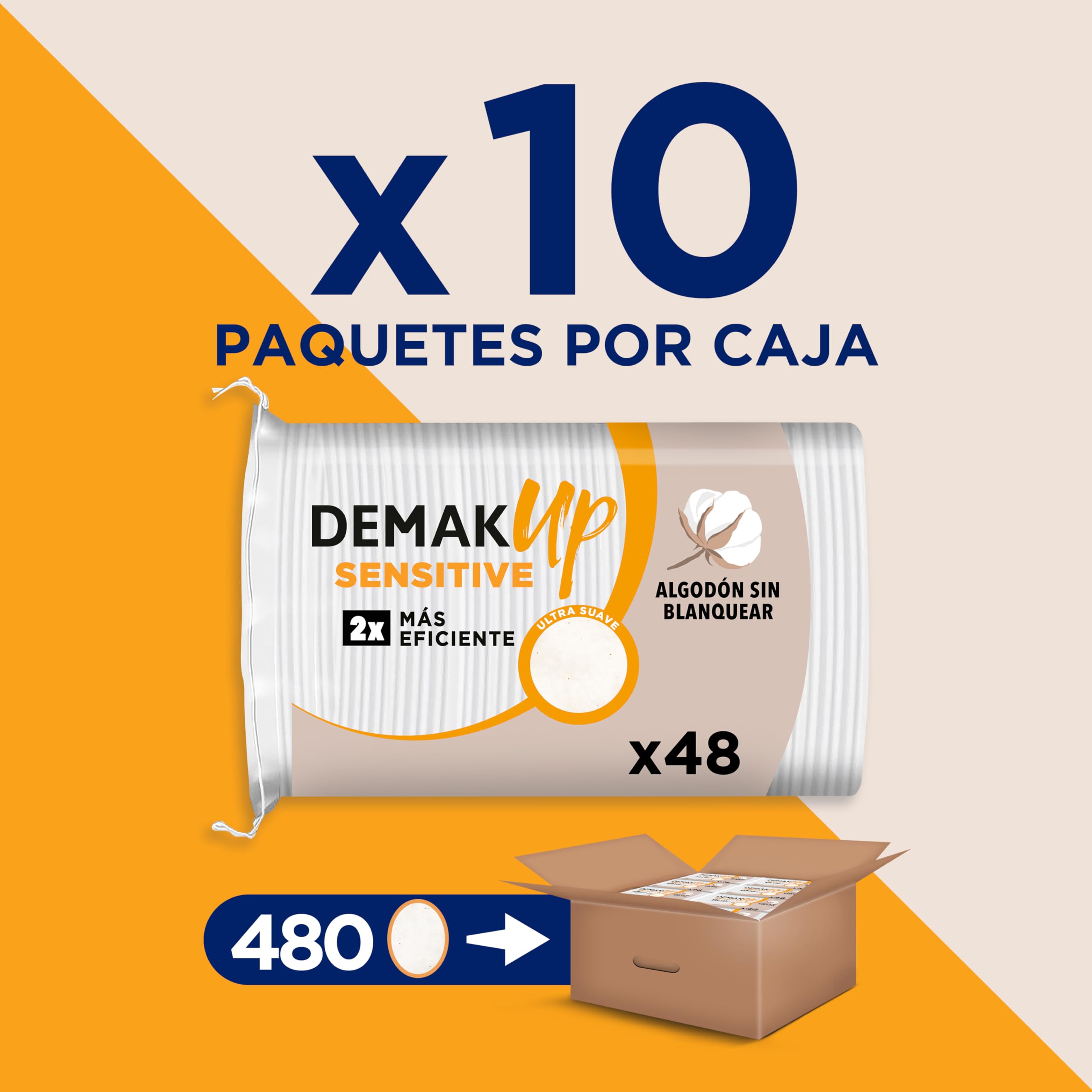 Demak'Up Sensitive 10x48 Discos de algodón desmaquillantes Ovalados - Fibra de Algodón Natural Sin Blanquear - 480 Discos de algodón
