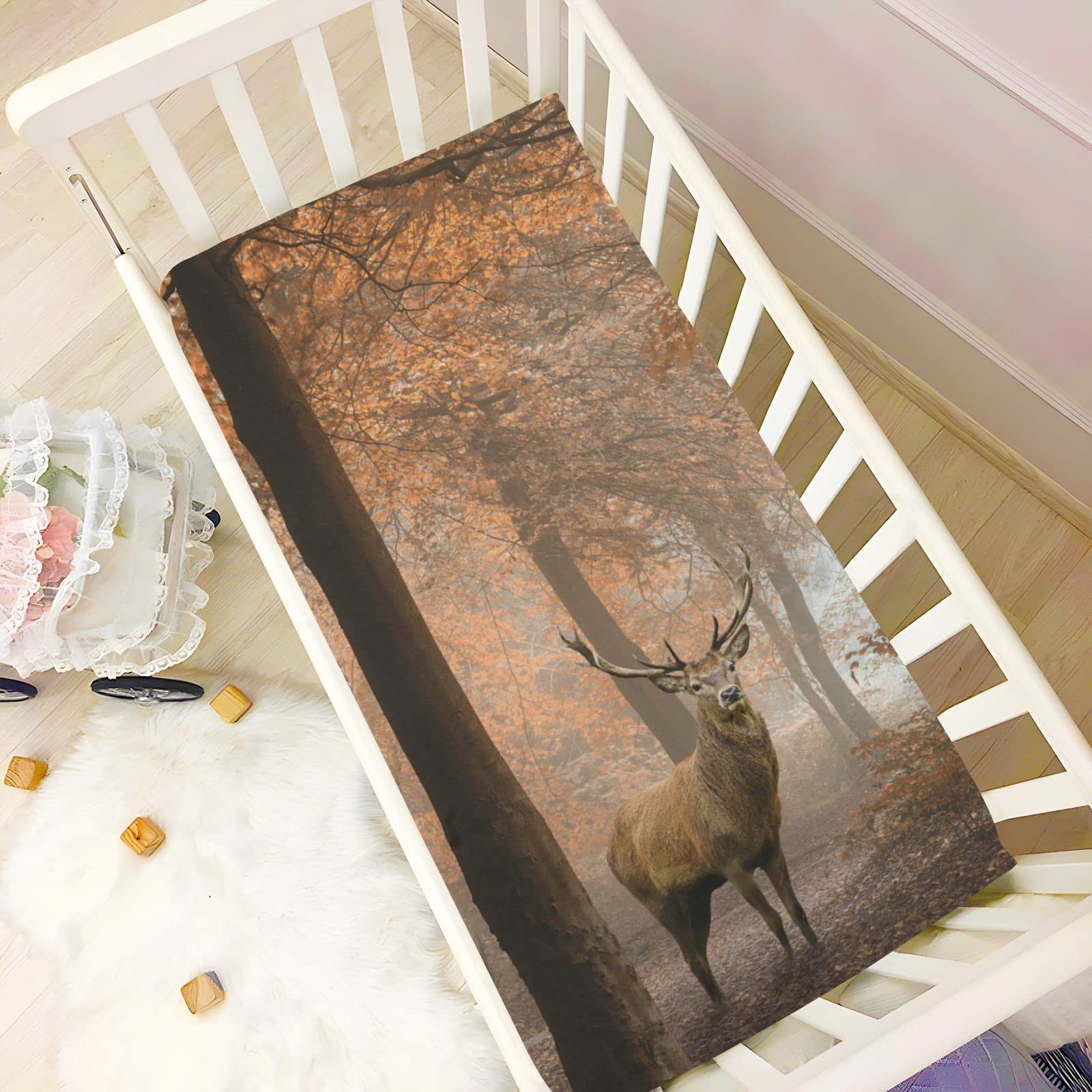 Spannbettlaken für Kinderbett, Waldbaum, Hirsch, weich, atmungsaktiv, pflegeleicht, Spannbetttuch für Babybett und Kinderbetten