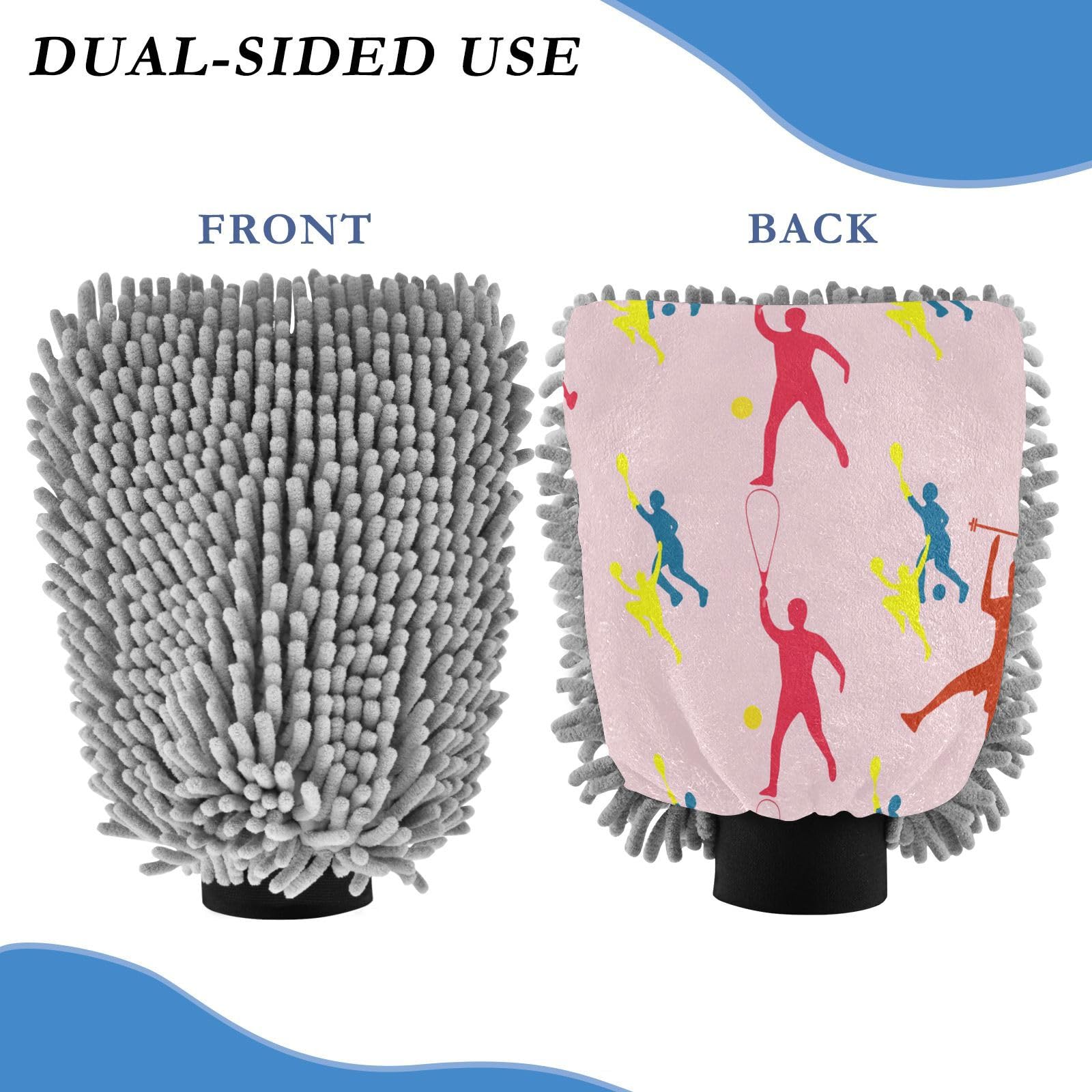 STAYTOP Badminton Player Car Wash Mitt Microfiber, 2Pcs Scratch Free Lint-Free, Premium Chenille Microfiber Mitt Car Wash Brush-L