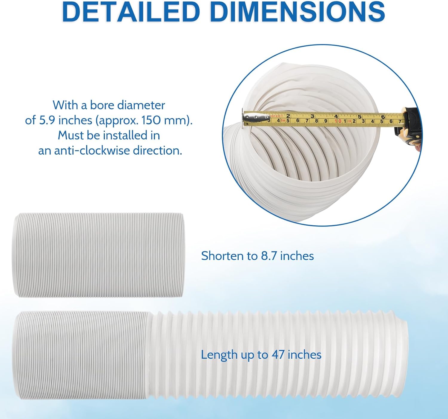Portable Air Conditioner Hose 5.9'' Diameter AC Vent Hose with Anti-clockwise Thread Replacement AC Exhaust Hose Extension Length up to 47''
