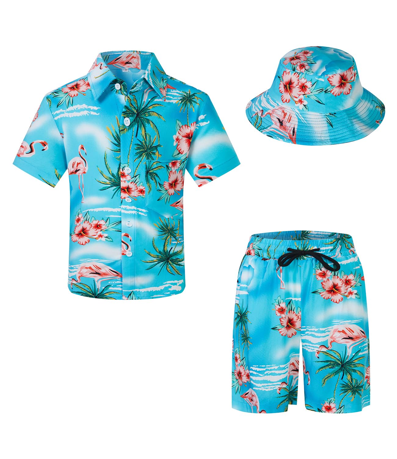 SPKPKEY Boys Hawaiian Summer 2-Piece Outfit Button Down Shirt and Shorts with Bucket Hat for 7-8 Years