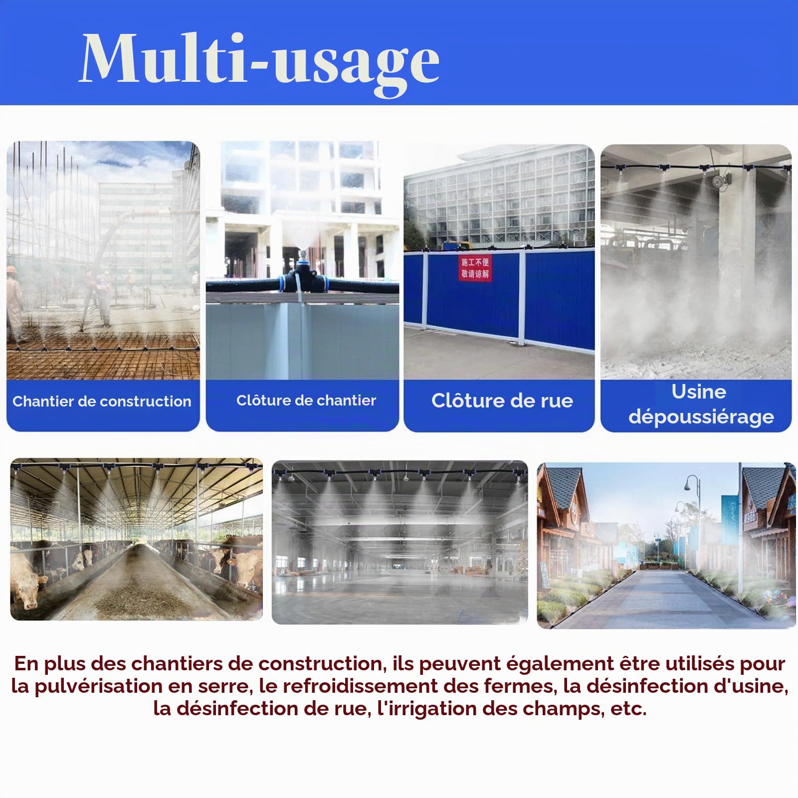 Kits d'irrigation par aspersion Kit d'irrigation par brumisation pour les élevages de bovins, de poulets et de porcs, Système de refroidissement extérieur pour enceinte de chantier, équipement d'arros