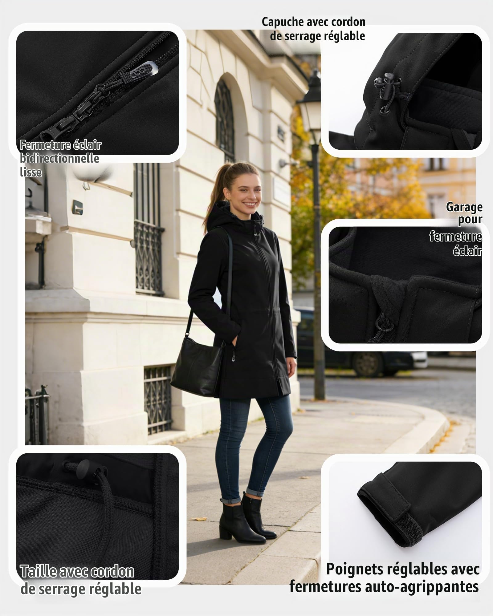 33,000ft Femme Veste Softshell Imperméable Longue Légère Jacket À Capuche Veste de pluie softshell Blouson Coupe Vent pour Activites En Exterieur Course à pied Randonnée Noir XL