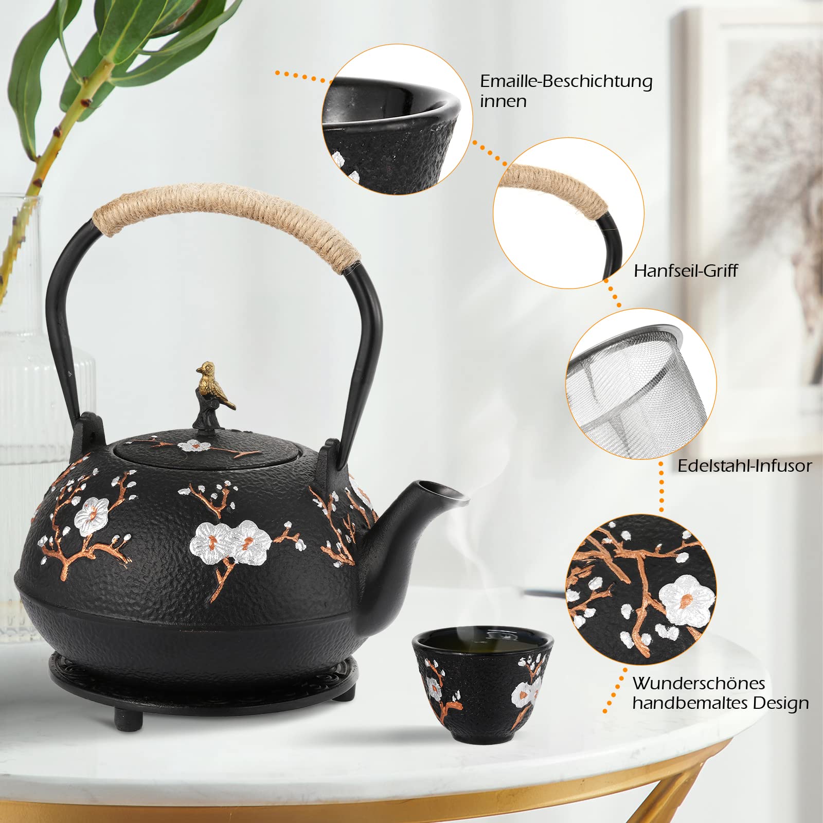 Dyna-Living Teekanne Gusseisen Set, Japanische 1,2 Liter Gusseiserne Teekanne 4 Teebecher, Basis, Edelstahl Sieb, Holzgriff Clip, Handbemaltes Elsternmotiv, Schwarz