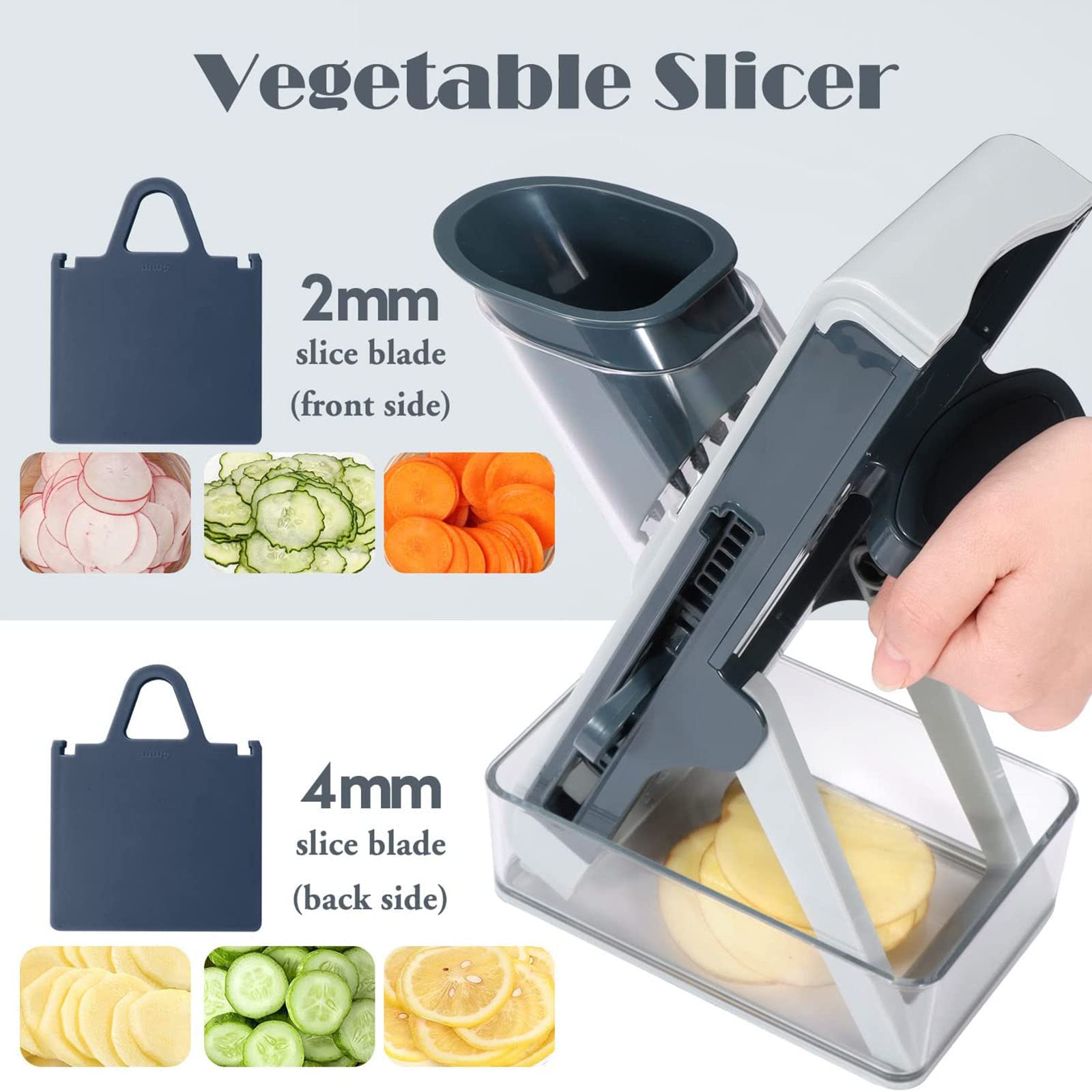 Affettatrice Mandolina Sicura per Cucina, Tritaverdure 4 in 1 Strisce Affettatrici Alimentari Regolabili Julienne Dicer Gadget Verticale per Patate, Cipolle, Cetrioli, Carote, Carne, Formaggio,Blu