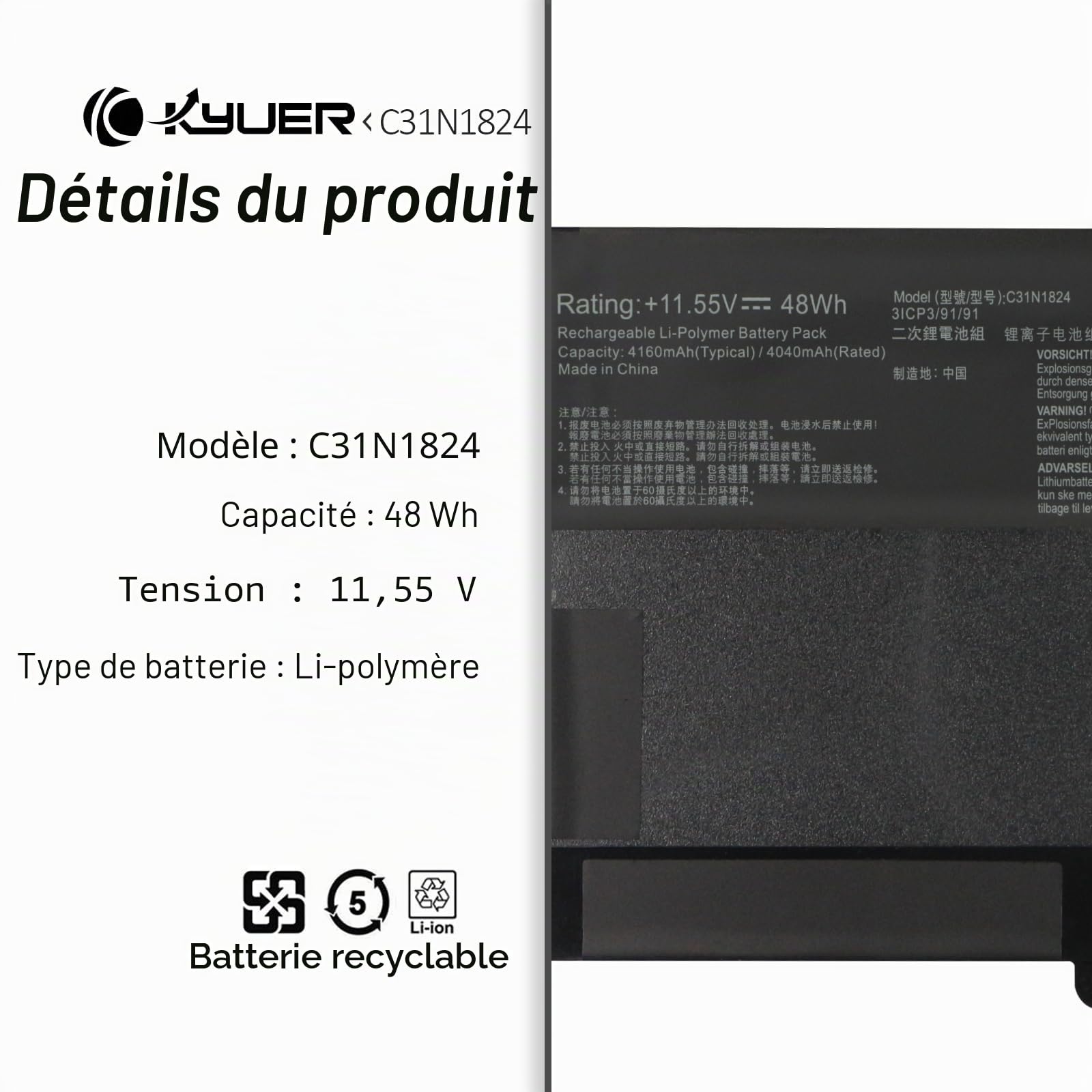 K KYUER C31N1824 Batterie pour ASUS Chromebook Flip C434 C434T C434TA 2-in-1 Convertible 14-inch m3-8100Y m5-8200Y C434TA-E10013 C434TA-E10009 C434TA-AI0041 C434TA-AI0032 C434TA-AI0029 C434TA-AI0362
