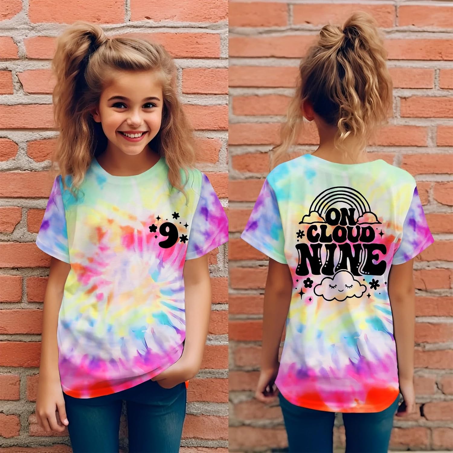 On Cloud Nine Birthday Girl Shirts 9th Birthday T-Shirt Girls 9 Years Old Tie Dye Outfits Kids B-Day Party Tee Tops