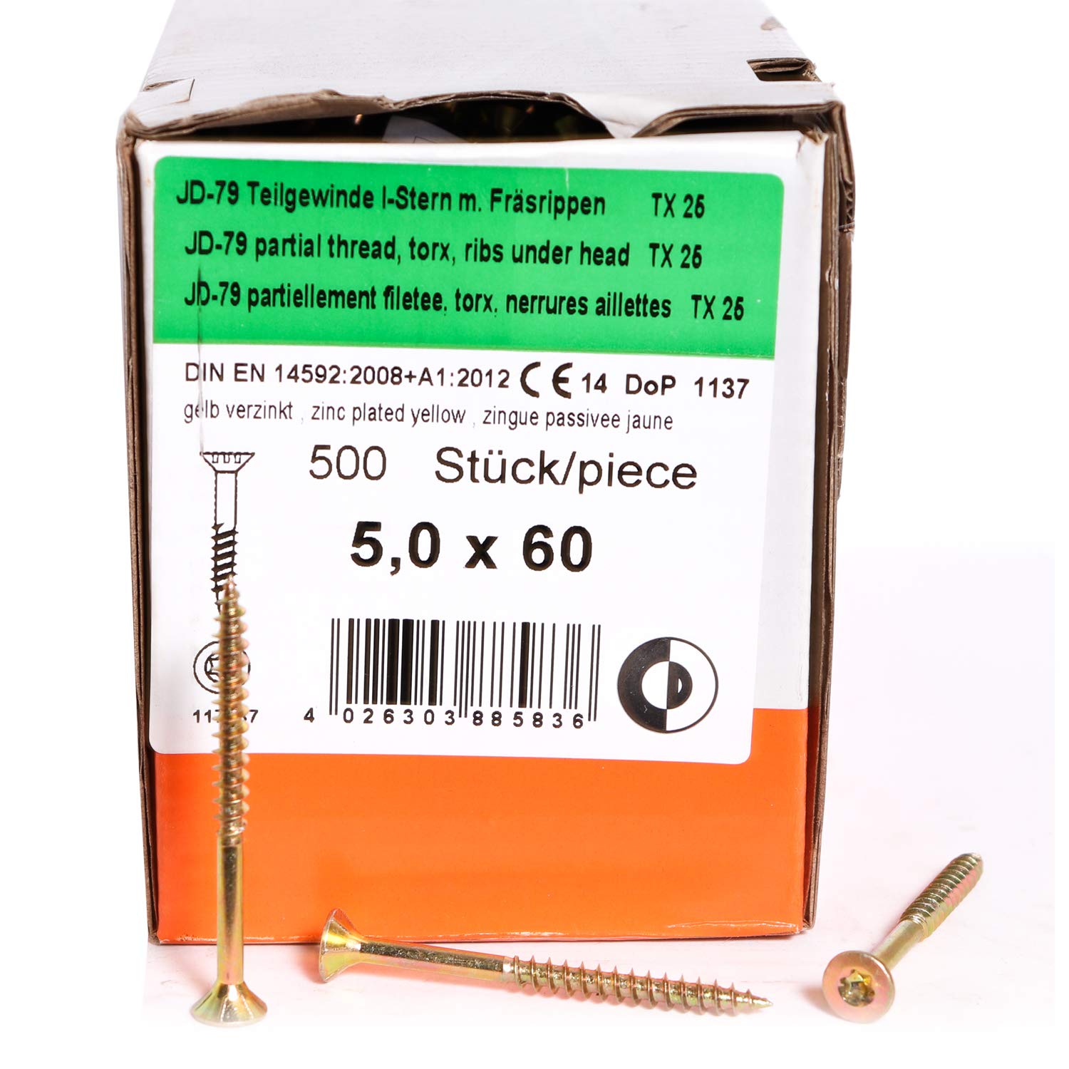 Belko Tornillos para aglomerado con cabeza avellanada, 5,0 x 60-500 unidades, rosca parcial, JD-79, galvanizado amarillo, Torx, tornillo universal, tornillo para madera
