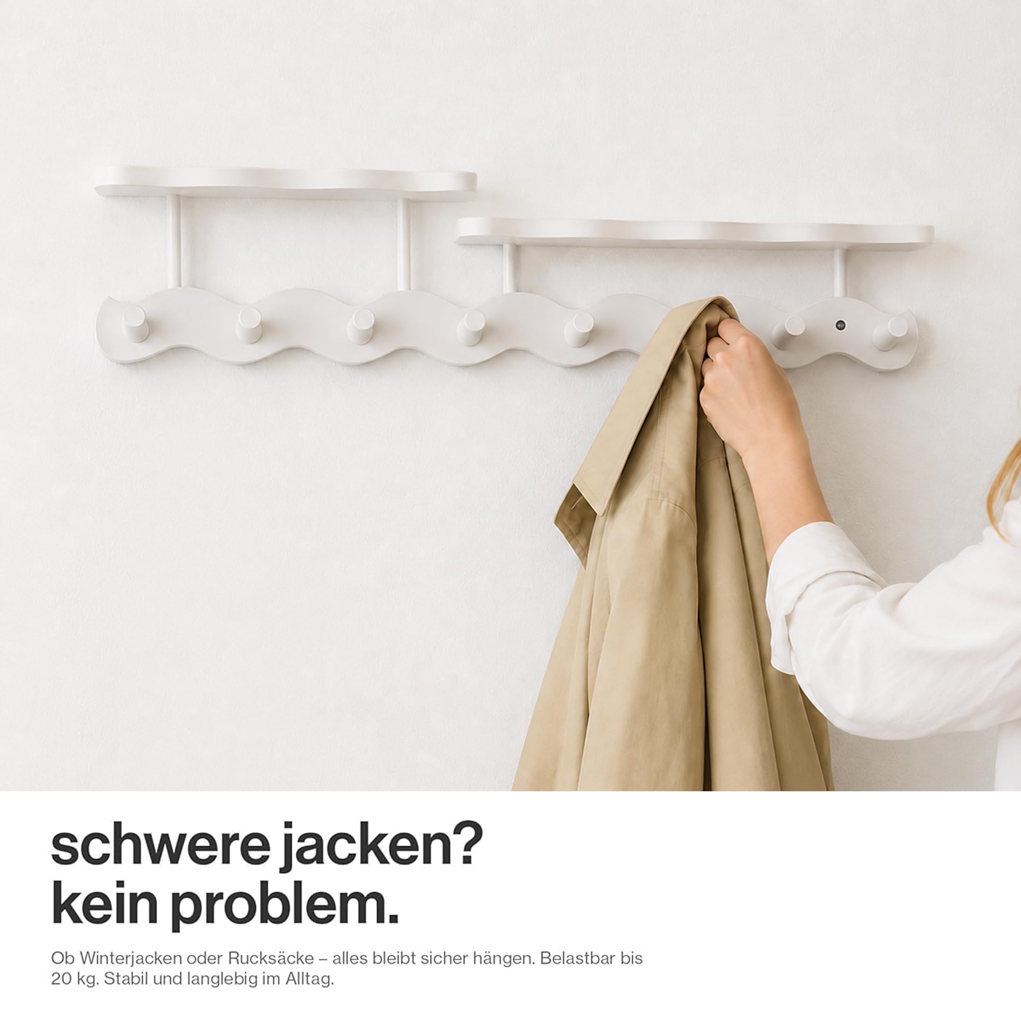 Wandgarderobe mit Ablage, Wandgarderobe, garderobenleiste weiß, Garderobenleiste mit 8 Haken für Flure, Hakenleiste Garderobe für Eingang, Flur, Wohnzimmer und Schlafzimmer (72cm)