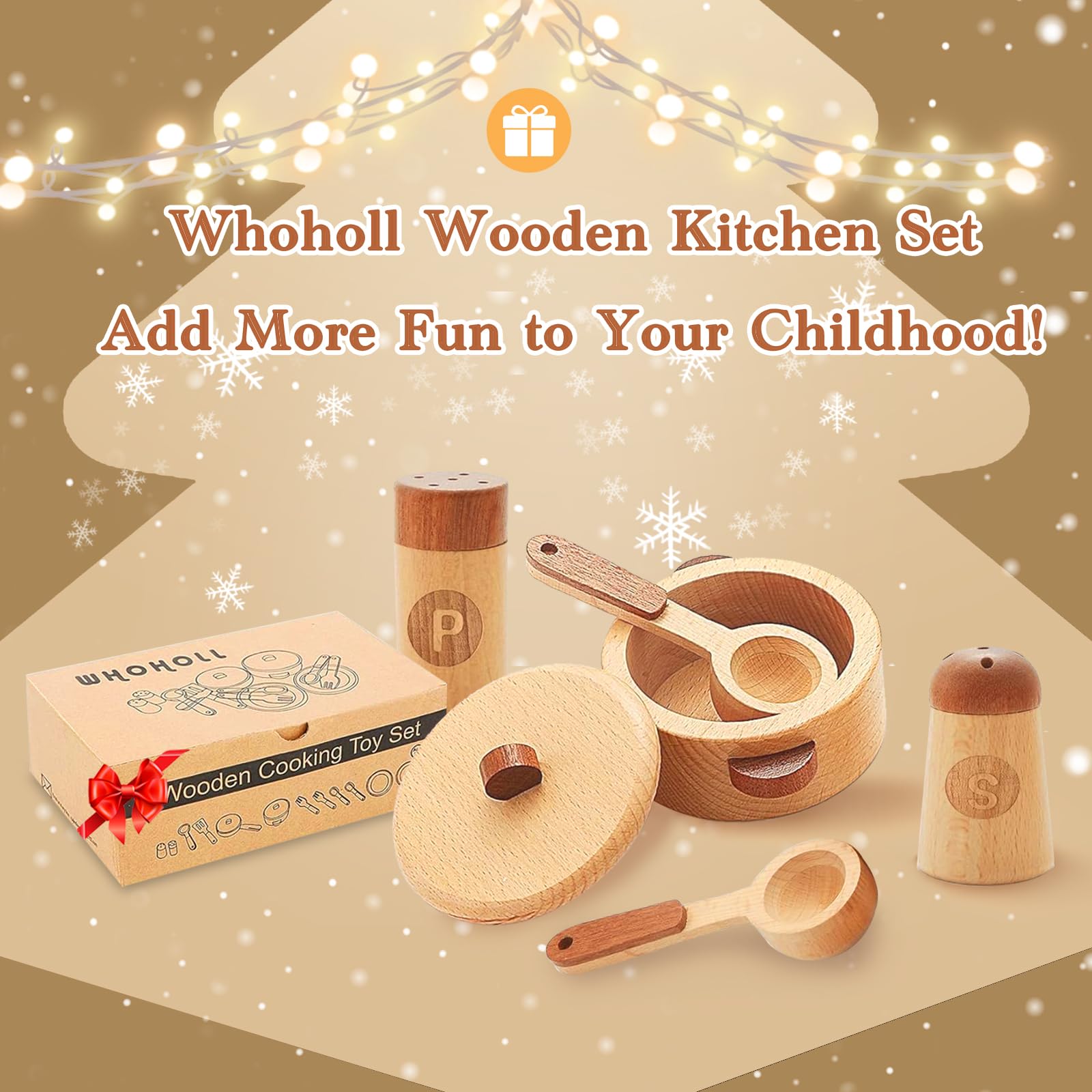 WHOHOLL Play Kitchen Accessories, Wooden Kitchen Set for Kids Ages 3-5 - Montessori Cooking Toys with Toy Pots and Pans (Large)