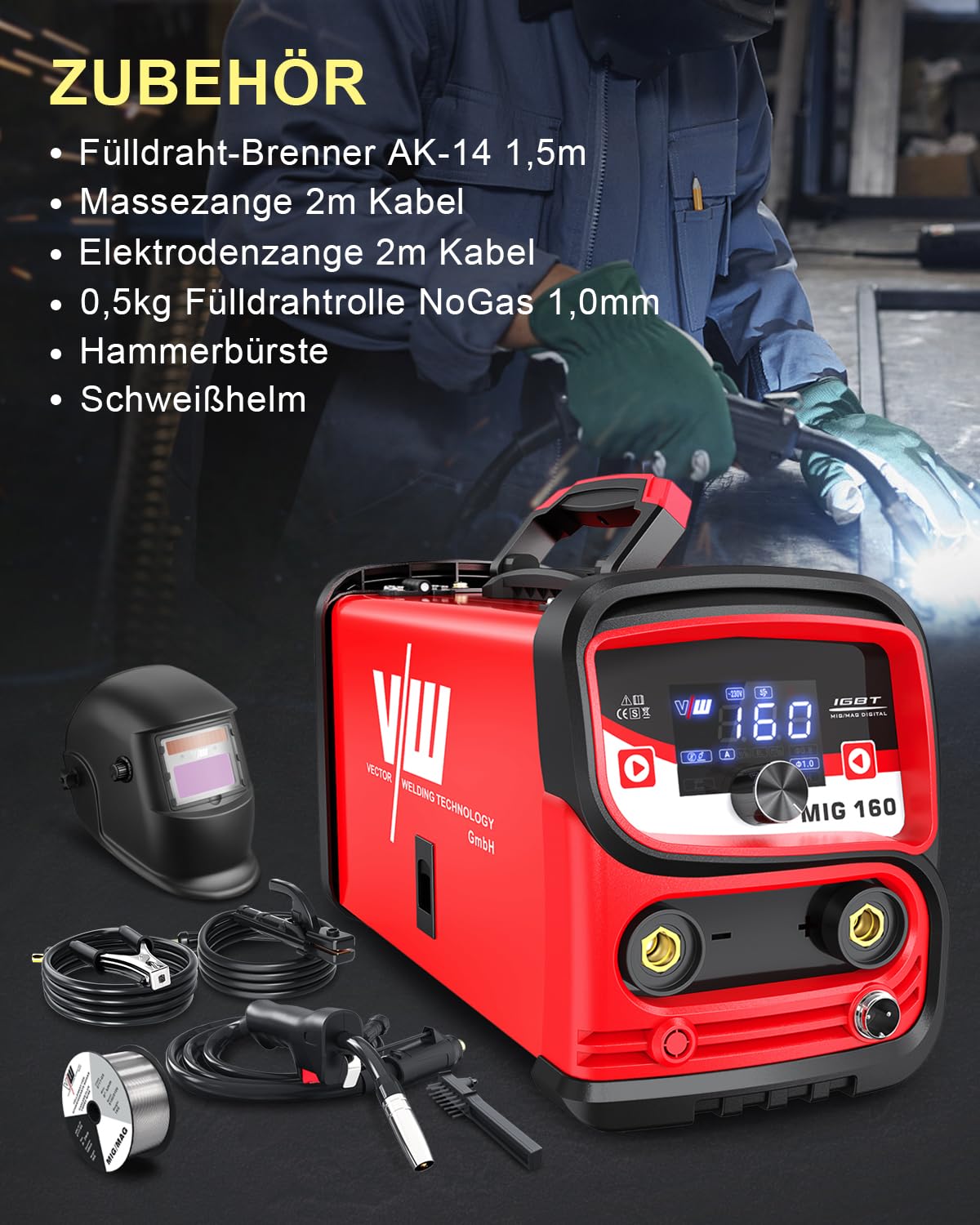 VECTOR WELDING MIG MMA Schweissgerät 160 A, Fülldraht Schweißgerät Set für Anfänger, IGBT Schutzgasschweißgerät mit Digitales Display Gasfrei-Funktion Schutz gegen Überhitzung