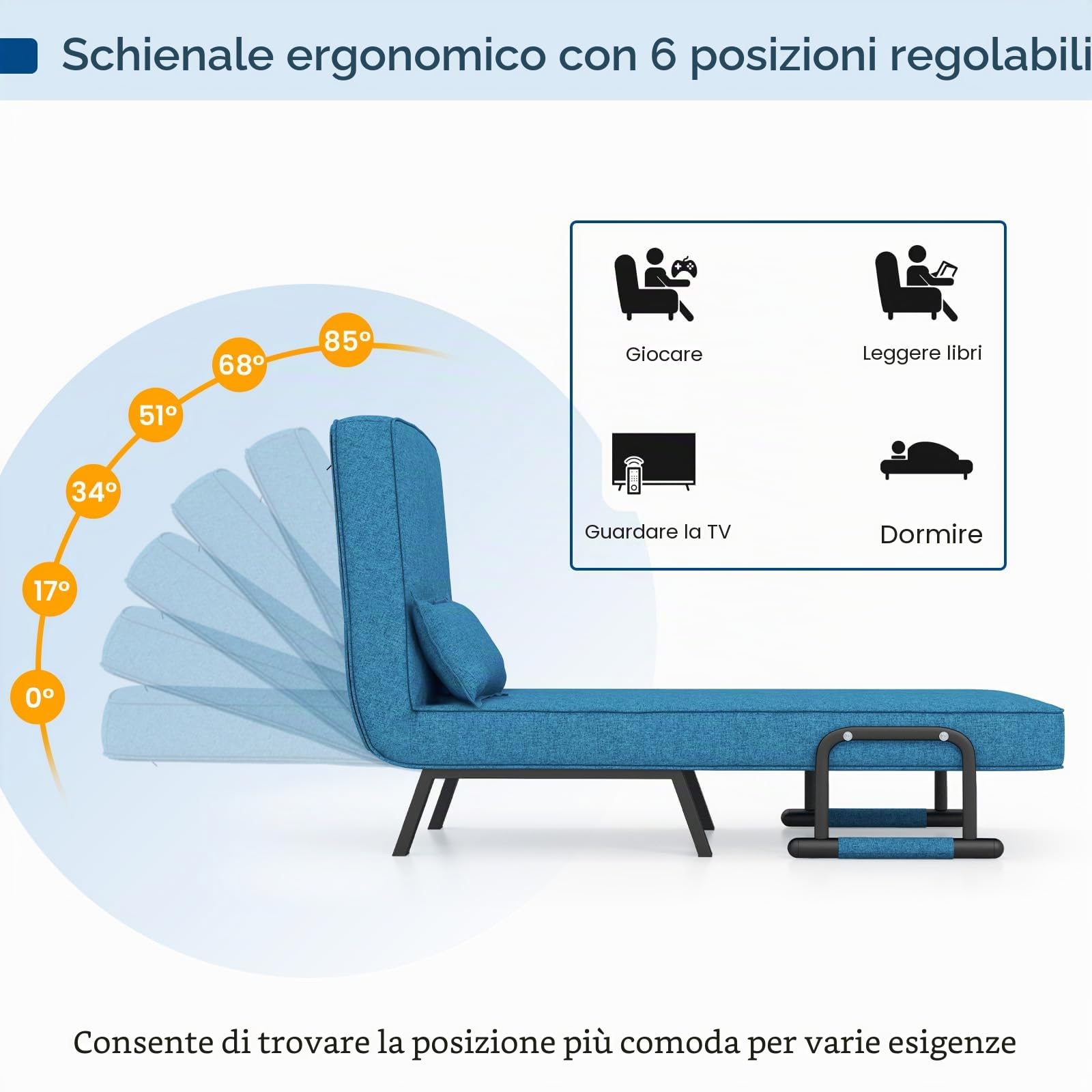 HOMASIS 4 in 1 Poltrona Letto, Divano Letto Pieghevole con Braccioli, Poltrona Salvaspazio con Schienale Regolabile con 6 Angolazioni e Cuscino Removibile, Portata 150 kg (Blu)