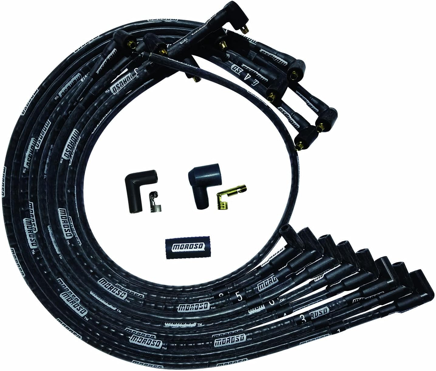 Moroso 51529 Ultra Series Sleeved Black Spark Plug Wires, Small Block Chevy, Under Header Routing, 90 Degree Plug Ends, Non HEI Distributor