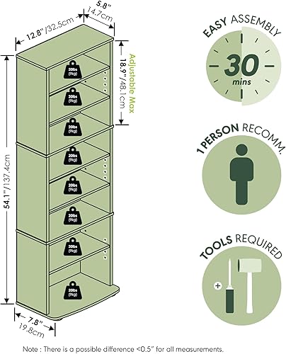 Miniatura 3 de Furinno JAYA - Estantería para DVD de 8 niveles, estante alto y estrecho para CD, estante de medios con estantes ajustables, gabinetes de Pino