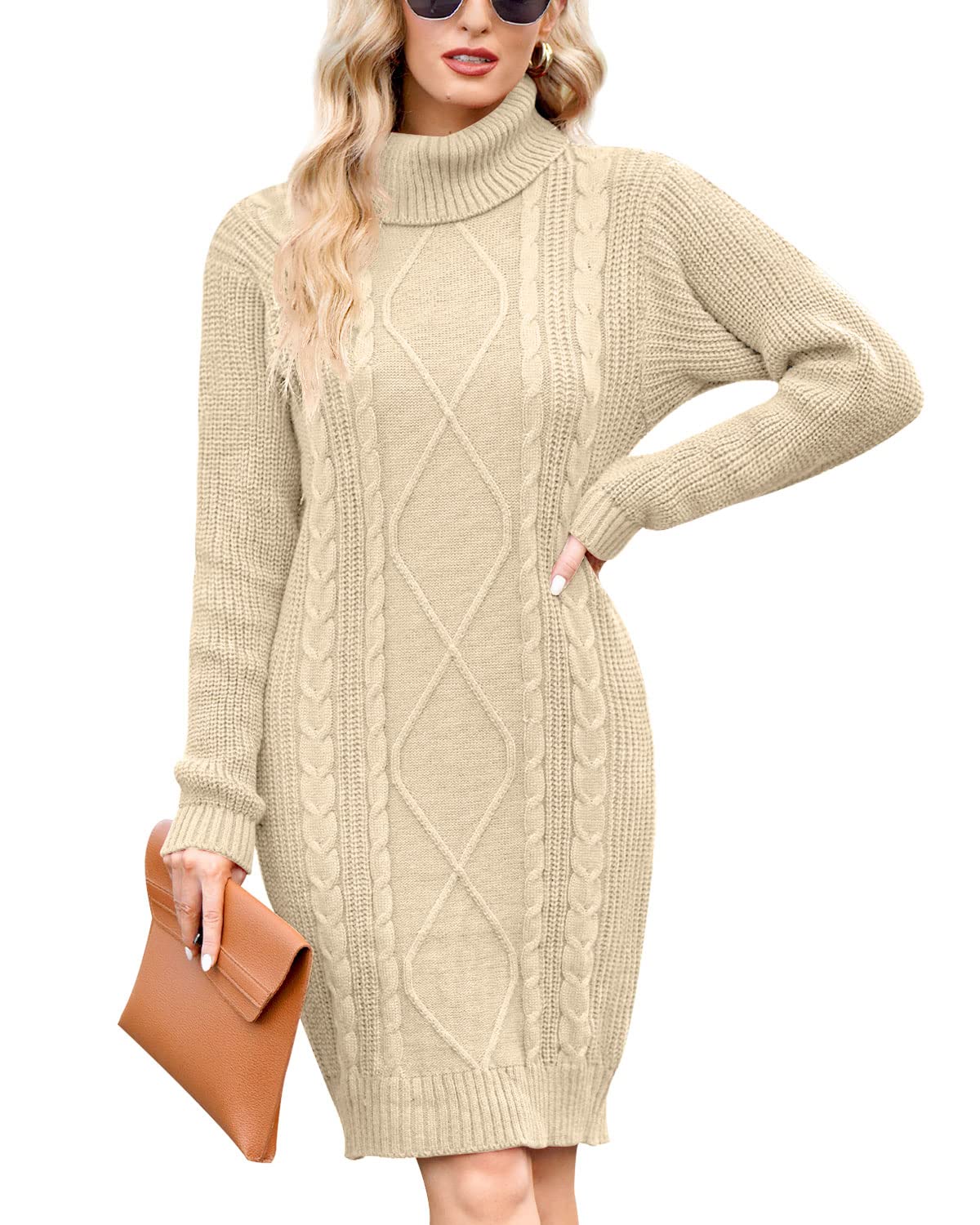 For G and PL Winter Long Sleeve Cable Knit Bodycon Slim Fitted Turtleneck Pullover Stretchy Mini Sweater Dresses