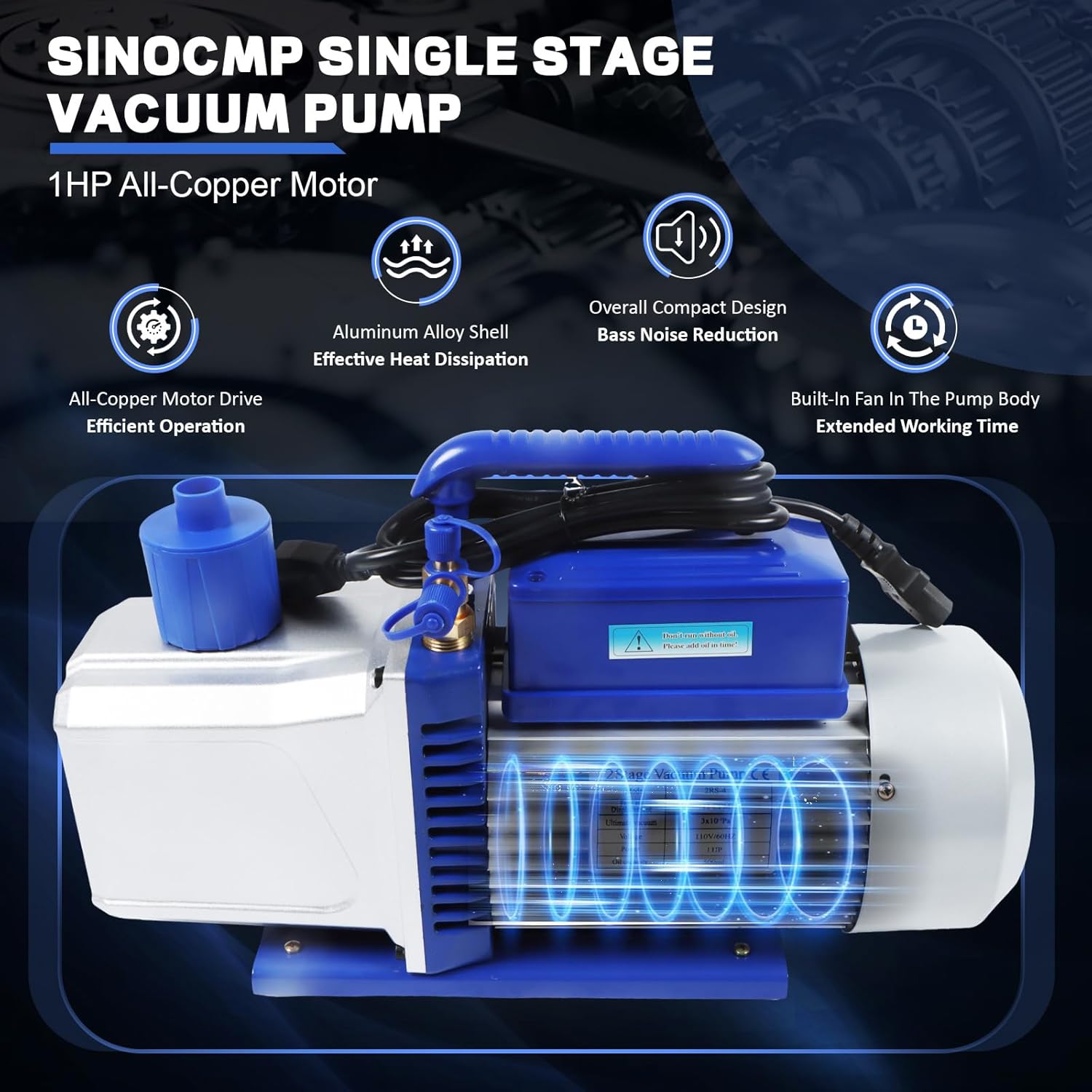 SINOCMP 12CFM Vacuum Pump 1HP Double Stage 110v 60HZ Air Conditioning Vacuum Pump HVAC Air Tool Rotary Vane for Auto Manifold Refrigerant Systems