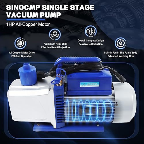 Miniatura 7 de SINOCMP Bomba de vacío de 12CFM, 1HP doble etapa 110v 60HZ bomba de vacío de aire acondicionado HVAC herramienta de aire rotativo para sistemas