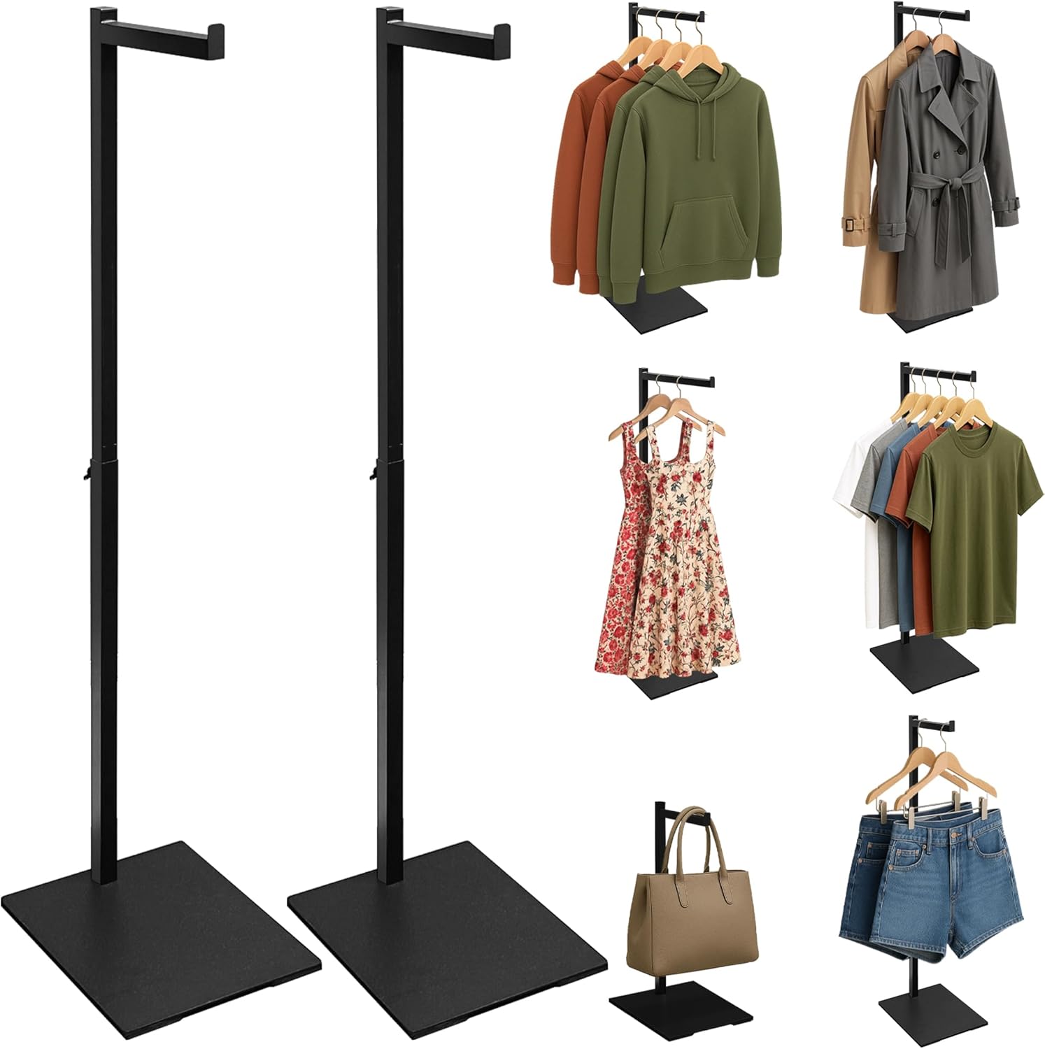Standing Clothes Rack, 21" - 36" Height Adjustable Clothes Hanger Rack Stand, Metal Clothes Rack, Clothing Display Rack, Garment Display Stand for Thrift Shops and Retail Store, Black, 2Pack